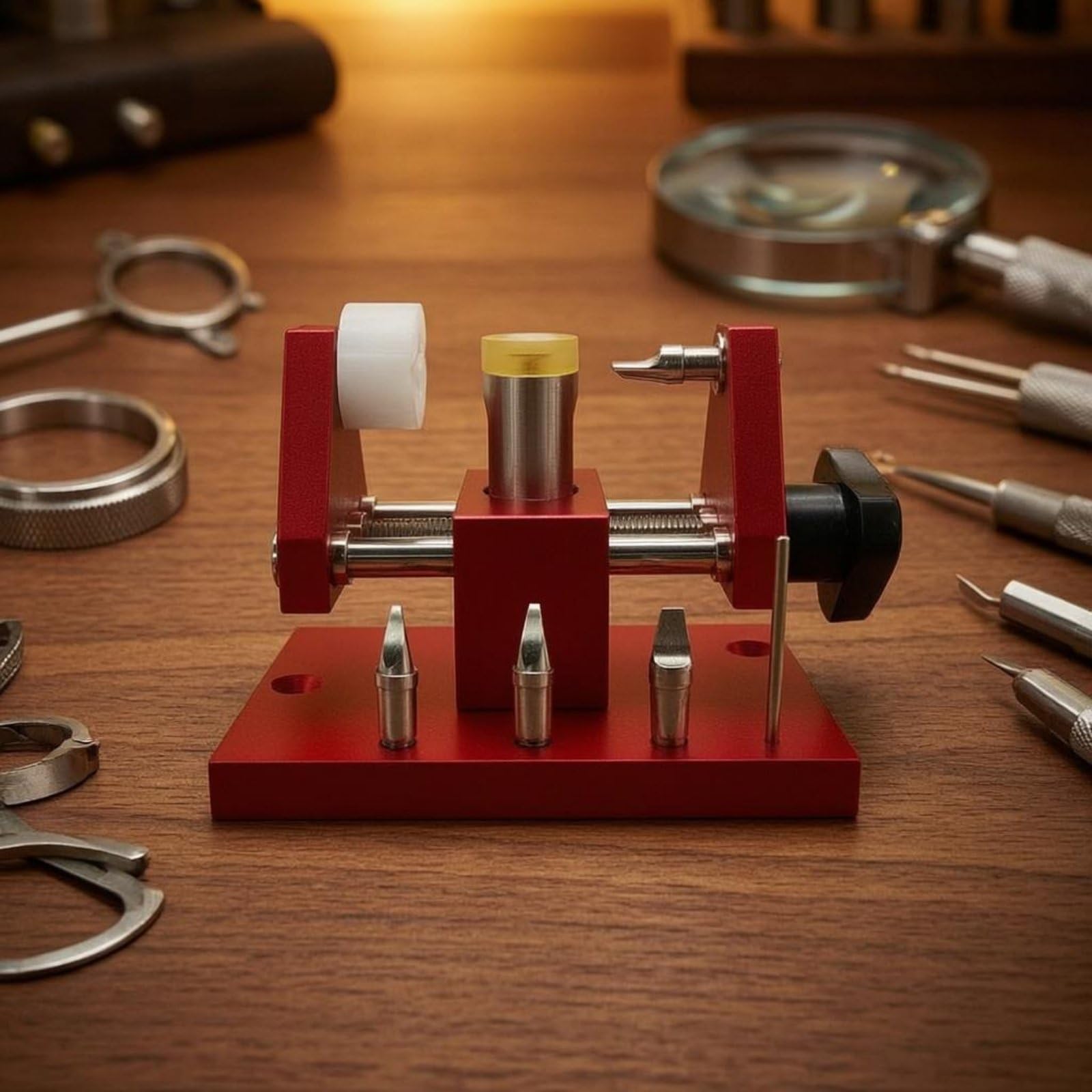 Milageto Dispositivo de Mantenimiento de Relojes Abridor de Caja Herramienta de Reparación Ajustable con Puntas Intercambiables Metal Plástico Adecuado para Servicio de Relojería Talleres Aficionados
