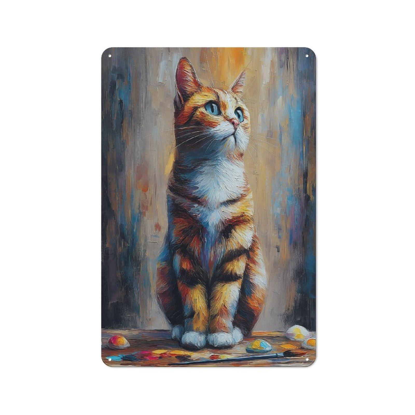Junmoney Painted Cat Portrait 30X20cm Rustic Metal Sign With For Home Office Or Studio, Gift For Studio Owners During The Christmas Season