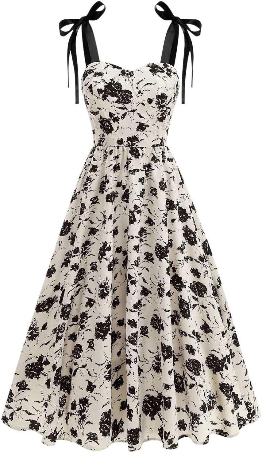 Women's Boho Midi Dress Sleeveless Floral Print Lace Up Vacation Flowy A Line Sundress Fashion Beach Casual Dresses