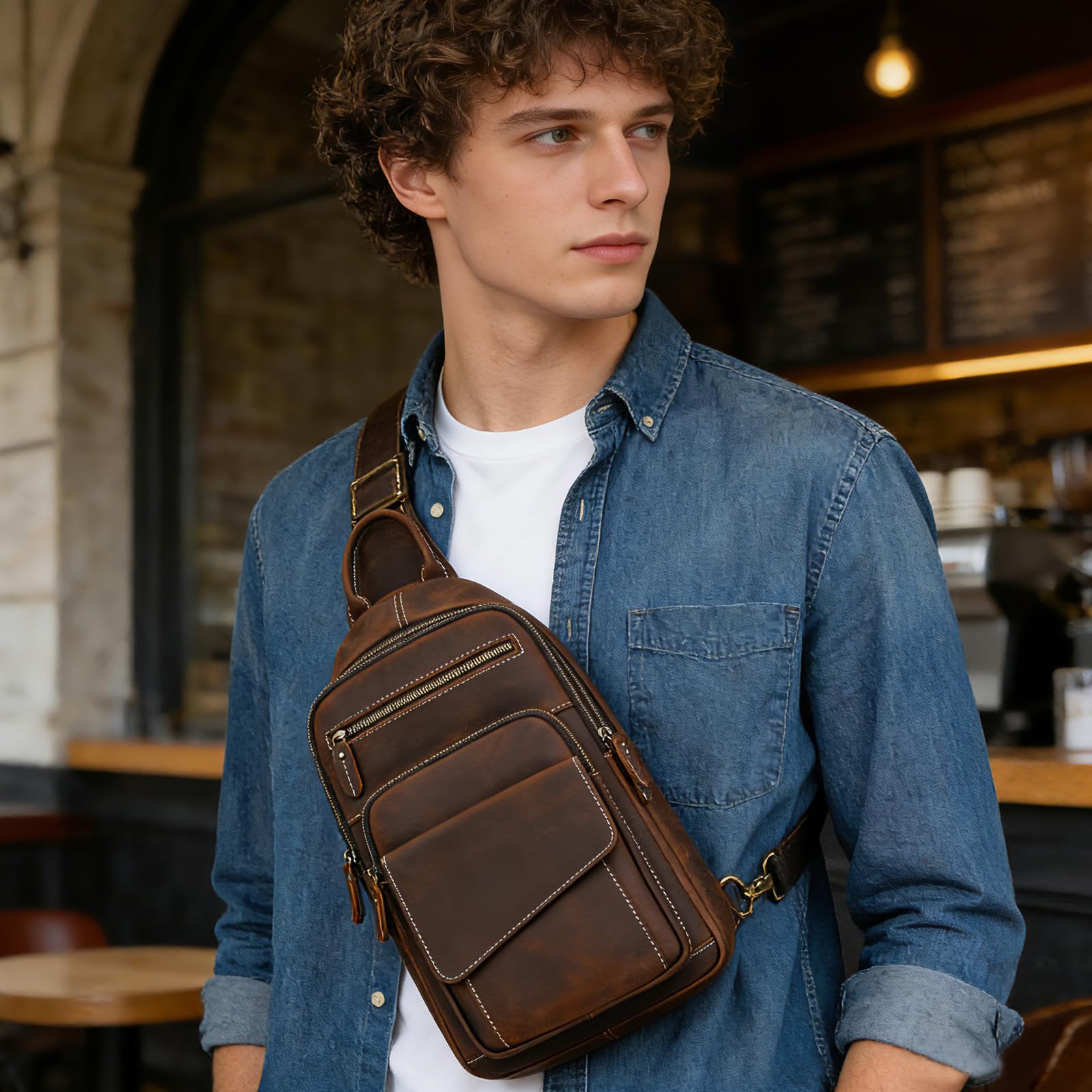 Brusttasche Herren Echtes Leder Schultertasche Crossbody Sling Bag Anti-Diebstahl Umhängetasche Für Reisen