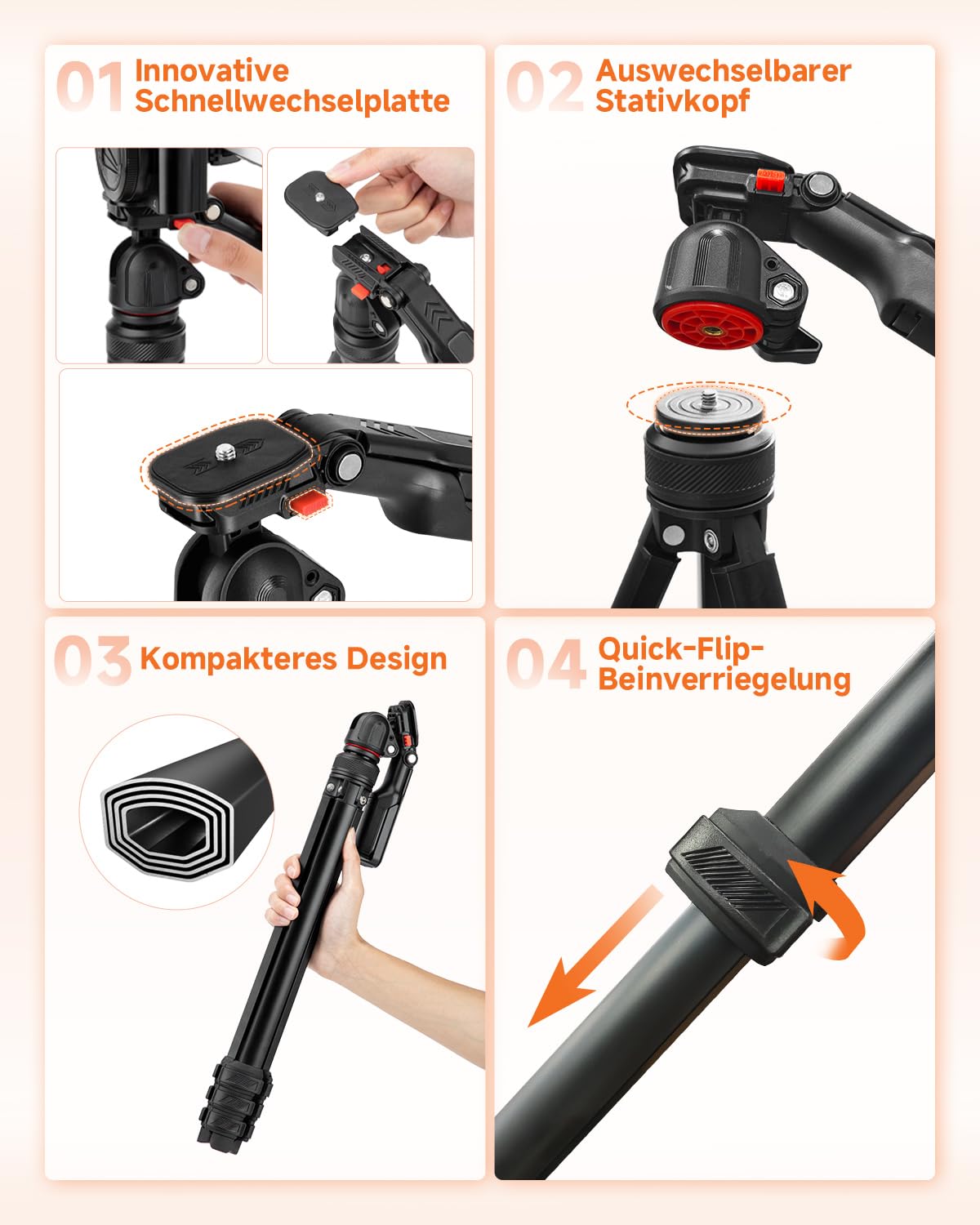 Rollei Compact Creator Stativ Kamera, 152cm Reisestativ aus Aluminium Leicht & Platzsparend Fotostativ mit Integrierte Handy-Halterung & Fernauslöser für DSLR & Handy, Kamera-Stativ-Reisestativ-Tripod