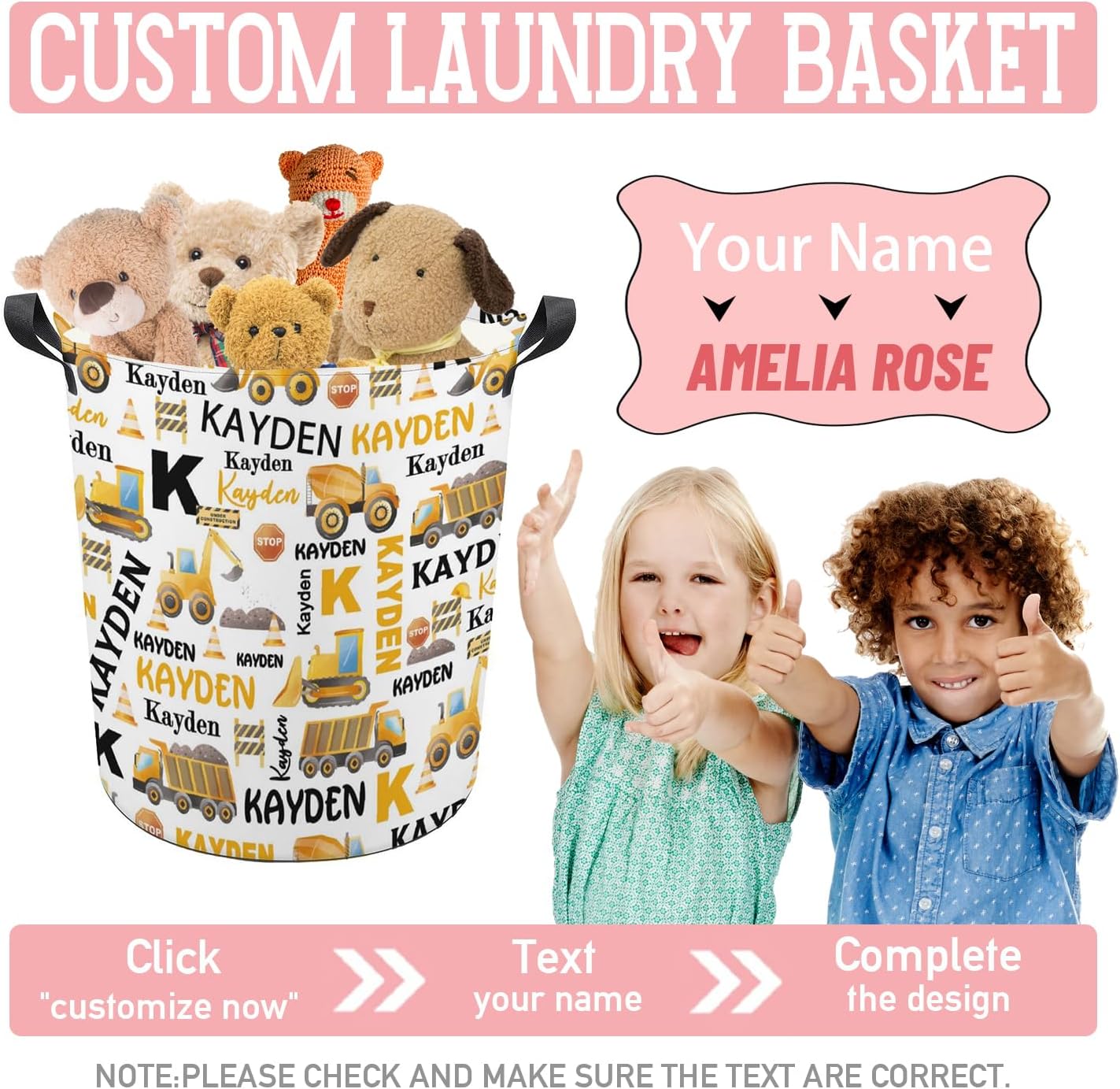 Construction Truck Laundry Basket,Custom Laundry Hamper with Name,Personalized Construction Truck Gifts for Boys Girls,Customize Collapsible Laundry Basket for Bedroom Bathroom,M-19.5"X 15.7"