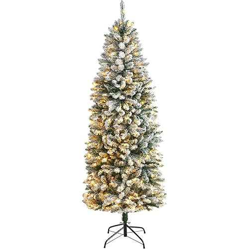 6' Slim Flocked Montreal Fir Artificial Christmas Tree with Warm White Led Lights and Bendable Branches Led