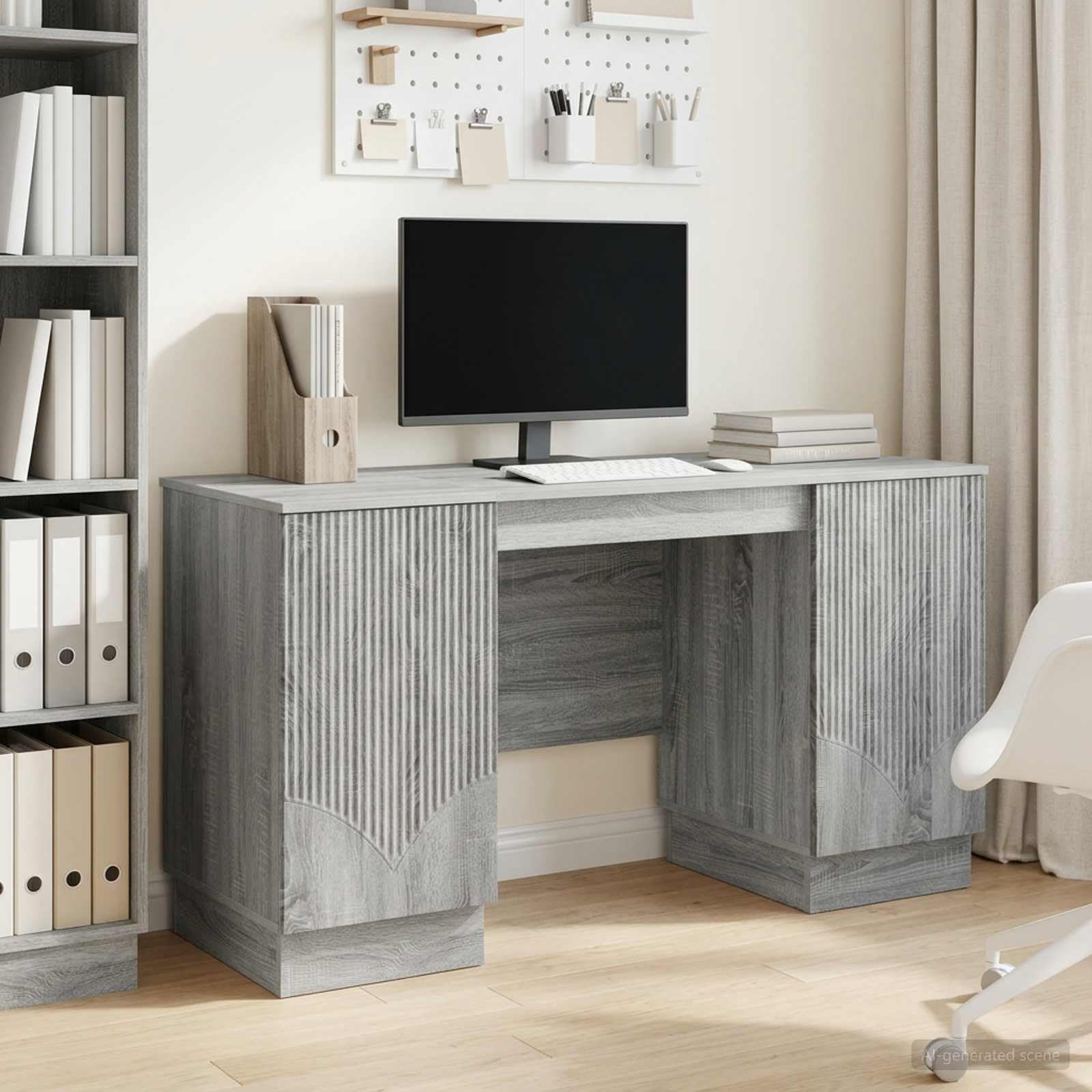 Scrivania grigio Sonoma, 142,5 x 50 x 75 cm, in legno, moderno tavolo da lavoro con vano portaoggetti, gestione dei cavi, scaffale e cassetti, per casa, studio, camera dei ragazzi