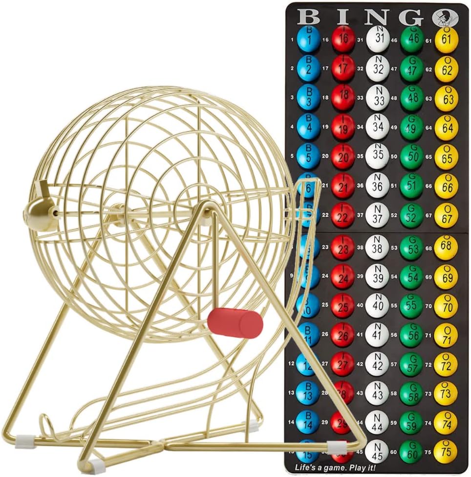 MR CHIPS 11 Inch Tall Professional Bingo Set with Steel Cage, Everlasting 7/8” Balls, Master Board for Balls - Luxury Gold