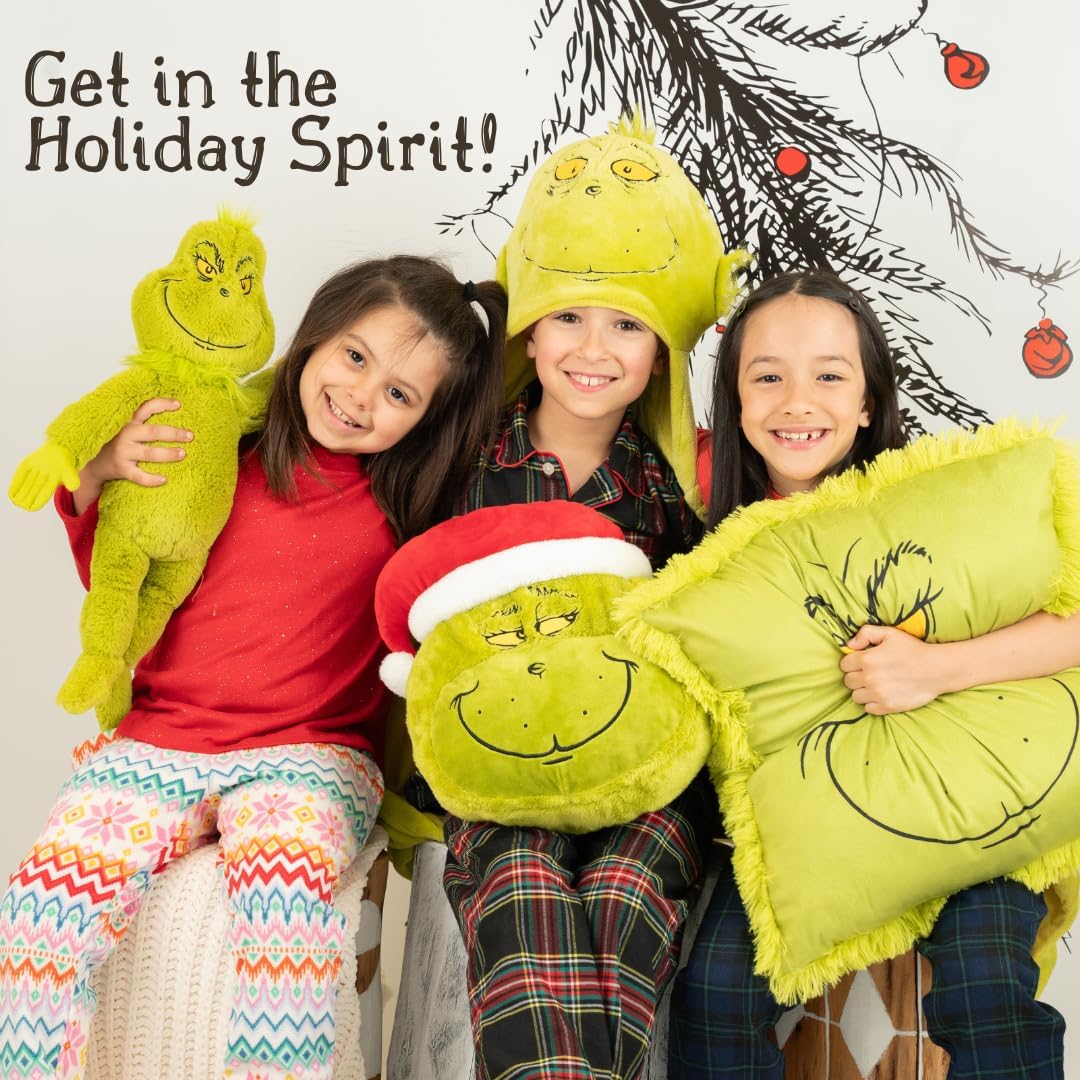 Collectibles Grinch by Dr. Seuss Holiday & Christmas Super Soft Furry Plush Round Decorative Pillow, 12" X 12", (Official Licensed Product) by Franco