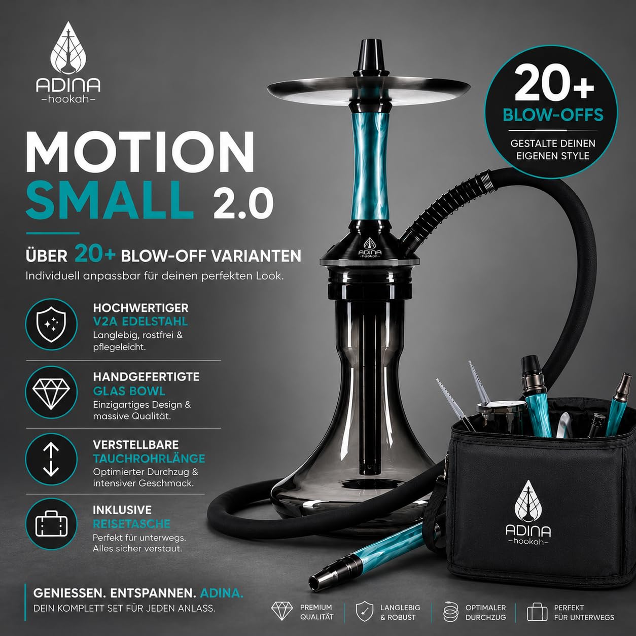 Motion 2.0 I Shisha Komplett-Set mit Travelbag I 20+ Blow-Off Varianten I 40 cm Mini Edelstahl Shisha I Travelbag, Bowl, Steinkopf mit Kaminaufsatz, Silikonschlauch, Mundstück, Zange I
