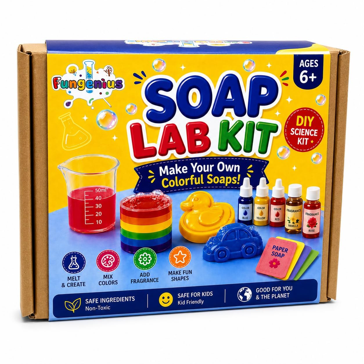 fungenius kids diy soap making kit | soap craft activity set with soap base, colors, fragrance, molds & accessories | creative diy art & craft kit for boys & girls age 6+ | pack of 1