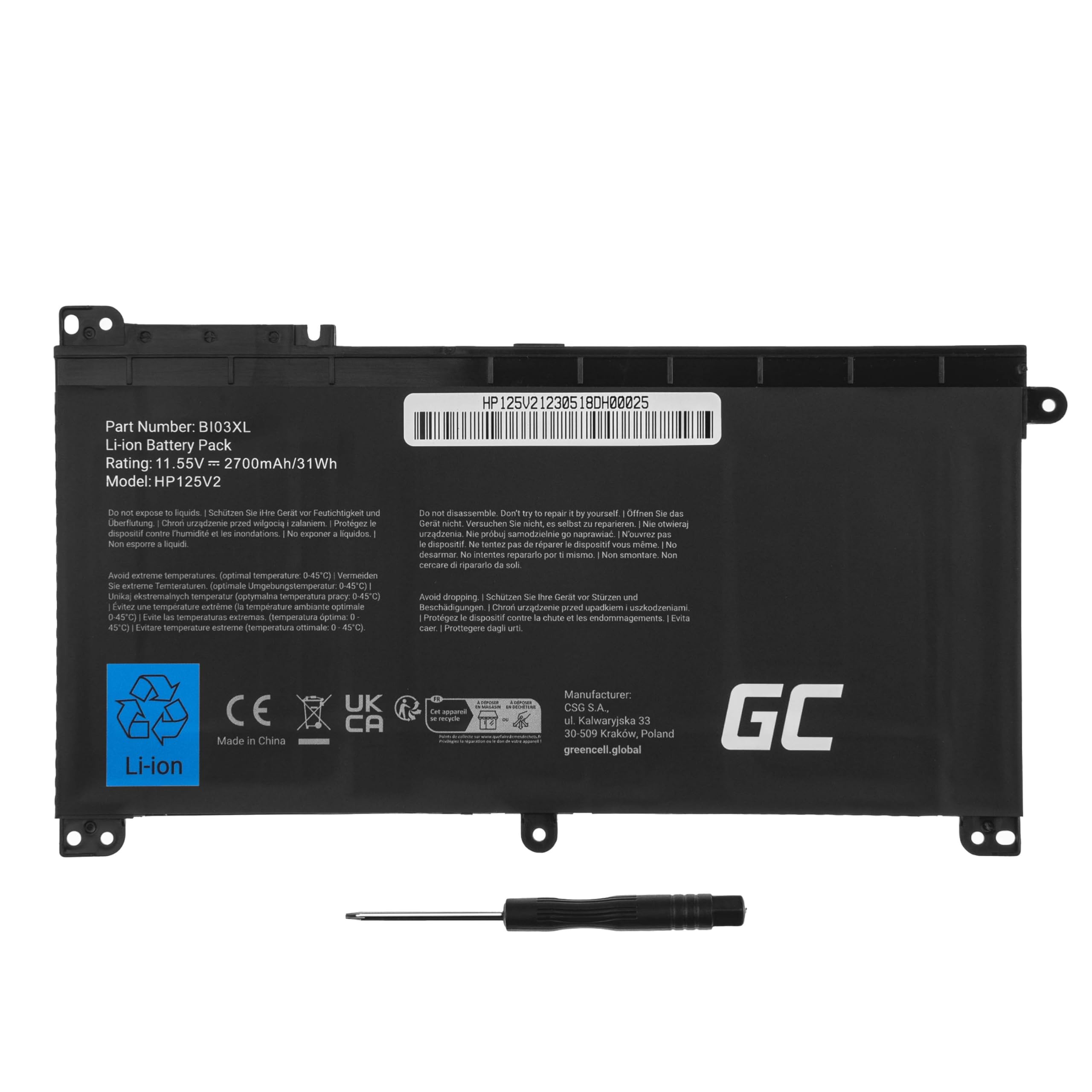Green Cell 0N03XL 1LT72ES 843537-421 843537-541 844203-850 844203-855 B103XL BI03 BI03041XL BI03041XL-PR BI03XL HSN-I08C HSTNN-LB7P HSTNN-UB6W Batteria per HP Portatile (2700mAh 11.55V Nero)