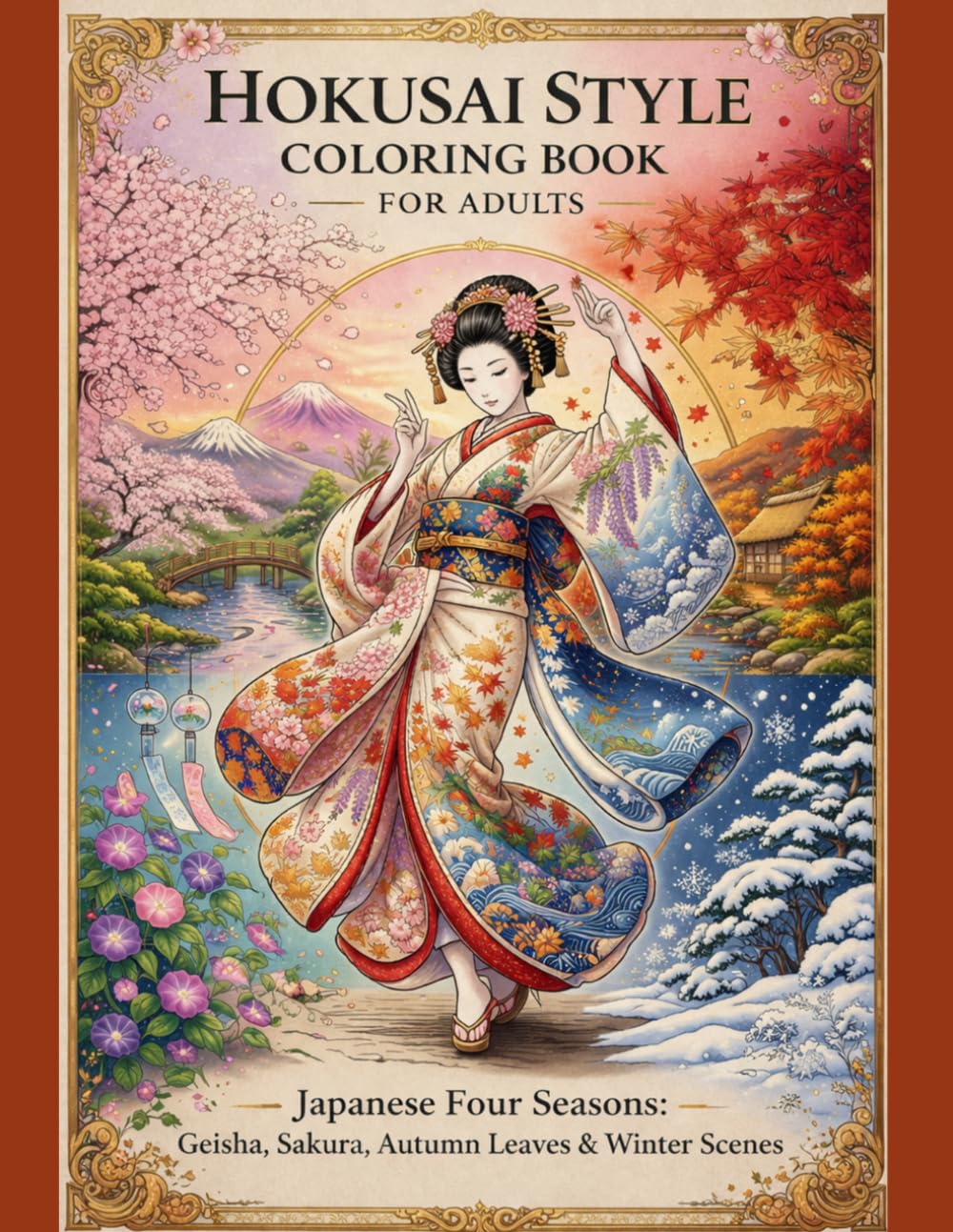 HOKUSAI STYLE Coloring book for adults: Beautiful Japanese Art Designs with Sakura, Mount Fuji, and Seasonal Landscapes