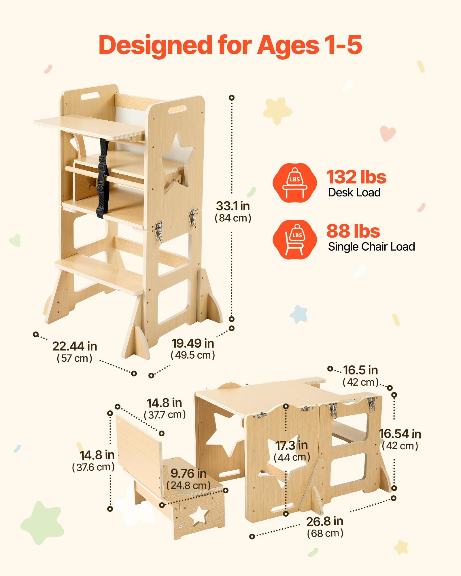 VEVOR Set Tavolo e Sedia Montessori Svezzamento, Seggiolone Multifunzioni | 6 in 1, con Lavagna e Vassoio per la Pappa, Materiale Legno, per Bagno e Bancone Cucina Apprendimento Bambini in Crescita