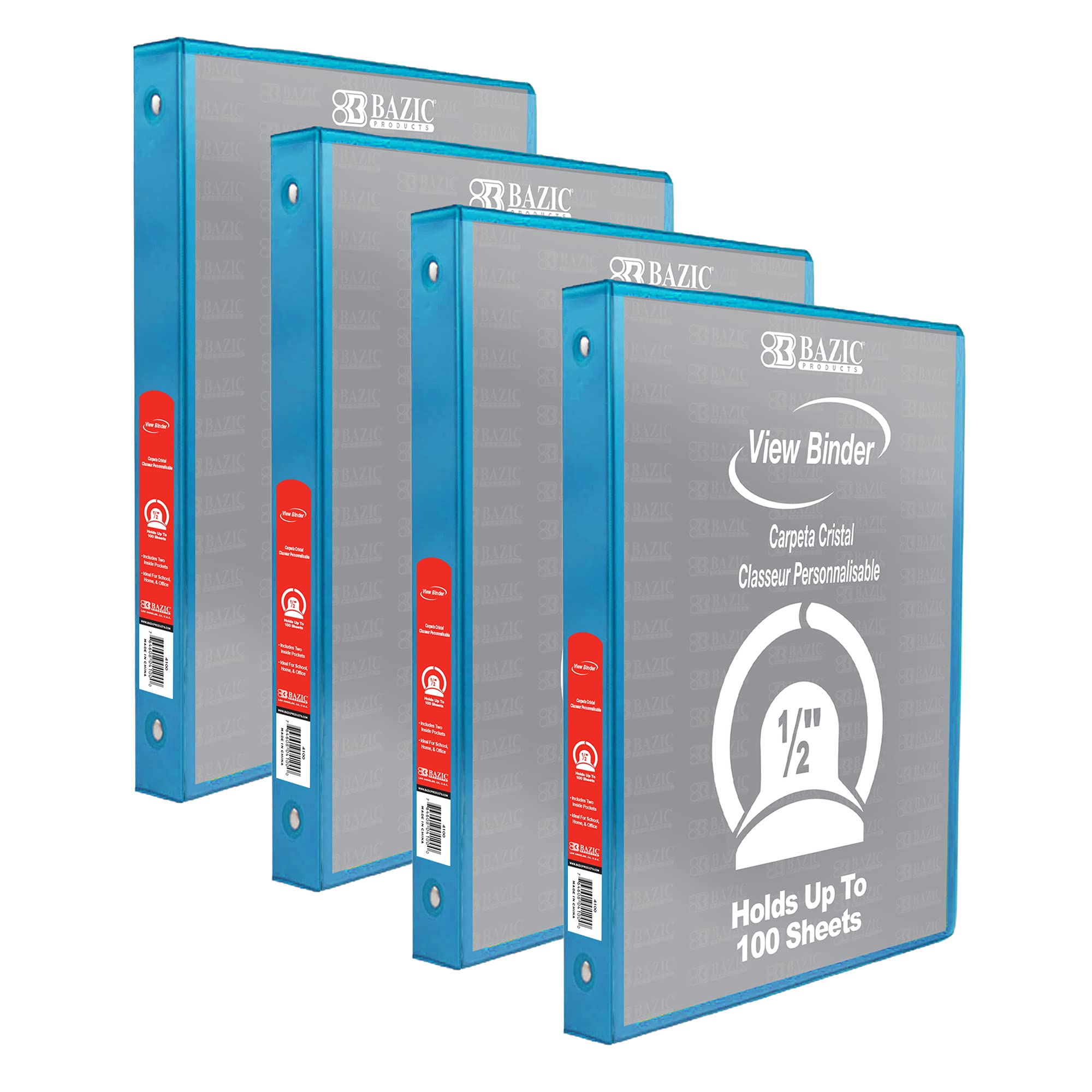 BAZIC Products 1/2 in Cyan 3-Ring View Binder, Round Ring, 4-Pack
