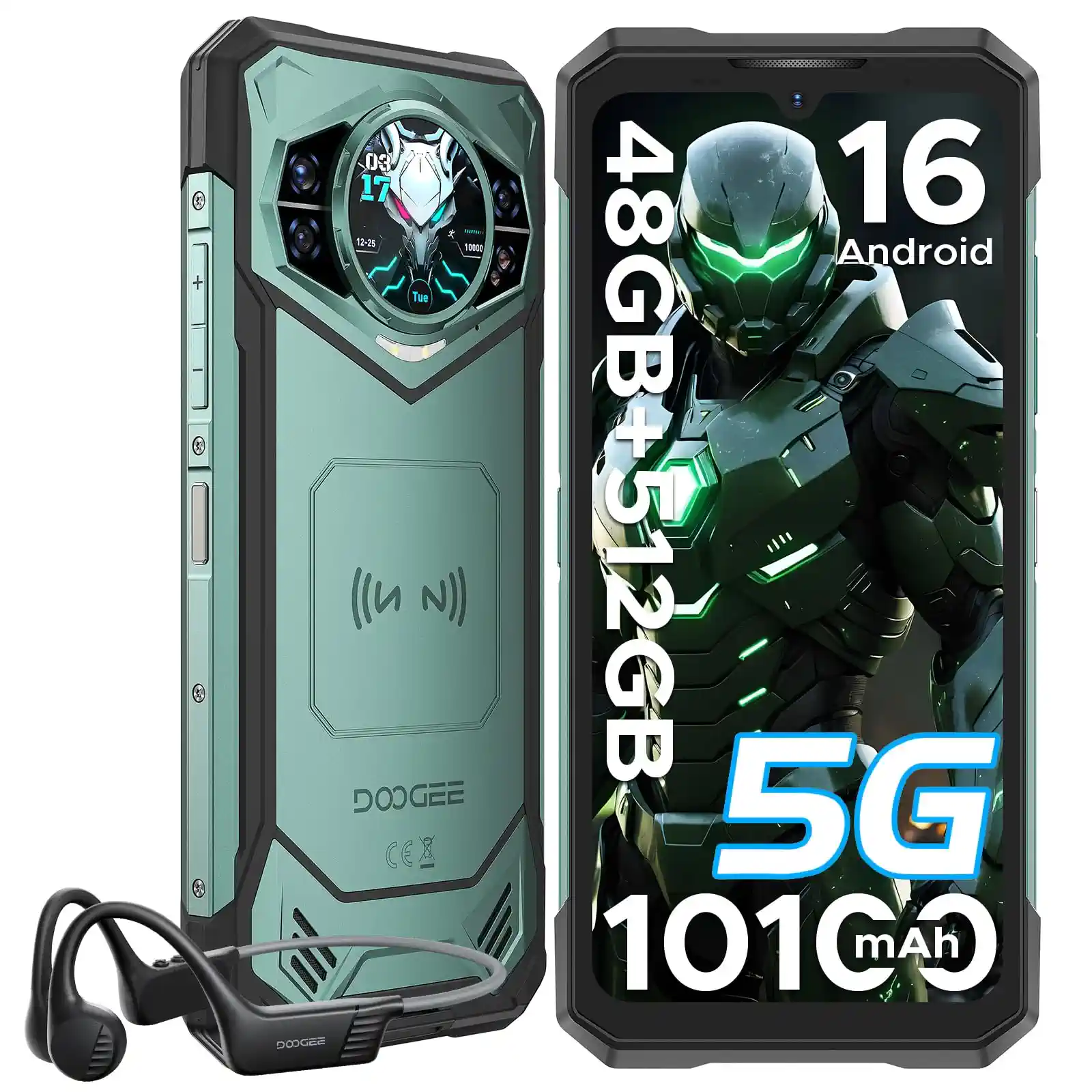 DOOGEE S200 X 5G Outdoor Handy Android 16 mit Kopfhörer, 48GB + 512GB (2TB) Outdoor Smartphone, 10100mAh, 6.72 Zoll FHD+ 120Hz, 100MP + 1.32” AMOLED Rückseitiger Bildschirm, NFC/WiFi 6/Face ID