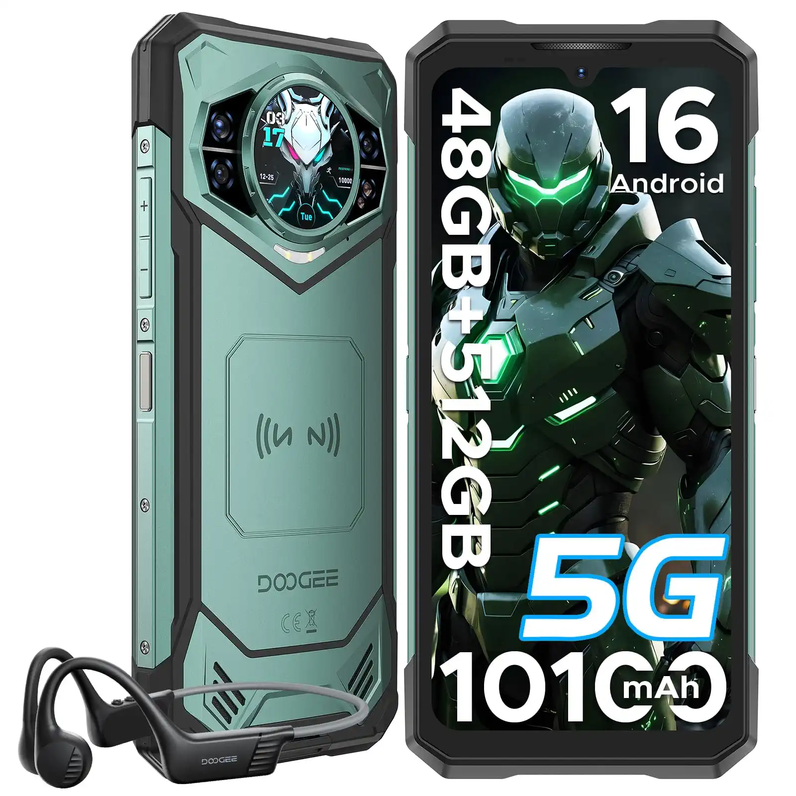 DOOGEE S200 X 5G Outdoor Handy Android 16 mit Kopfhörer, 48GB + 512GB (2TB) Outdoor Smartphone, 10100mAh, 6.72 Zoll FHD+ 120Hz, 100MP + 1.32” AMOLED Rückseitiger Bildschirm, NFC/WiFi 6/Face ID