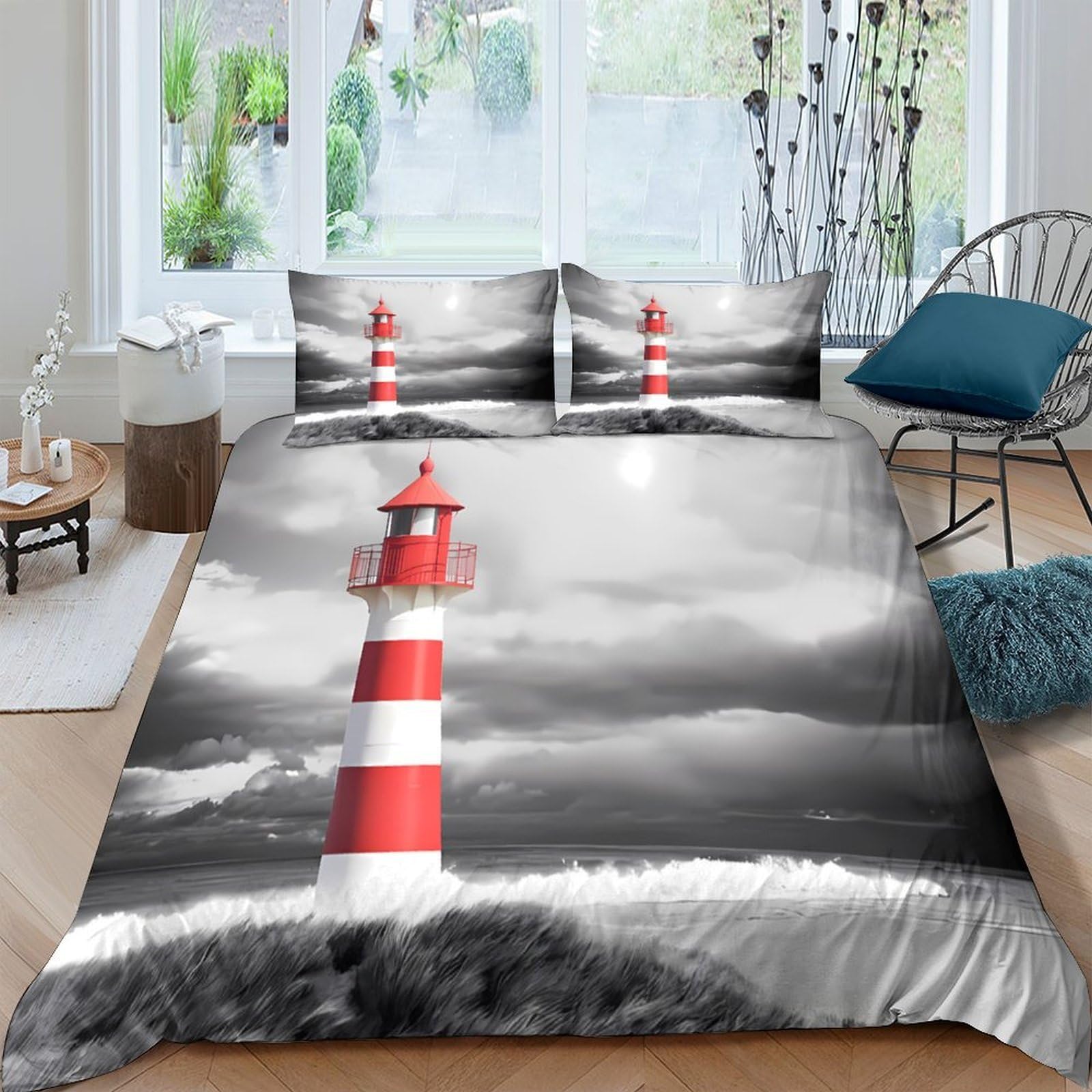 Ctjqhvkz Style-10 3D Printed Red Lighthouse Fitted Sheet Microfiber Soft Breathable Seaside Landscape Mattress Cover For Bedroom Decor Single（135X200cm）