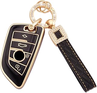 Car Key Cover for BMW X1, X2, X3, X5, X6, 2, 5, 6, 7, Series 3, 4-Button Key Shell, TPU Key Case with Leather Tag Key Ring (BP-BM-4D)