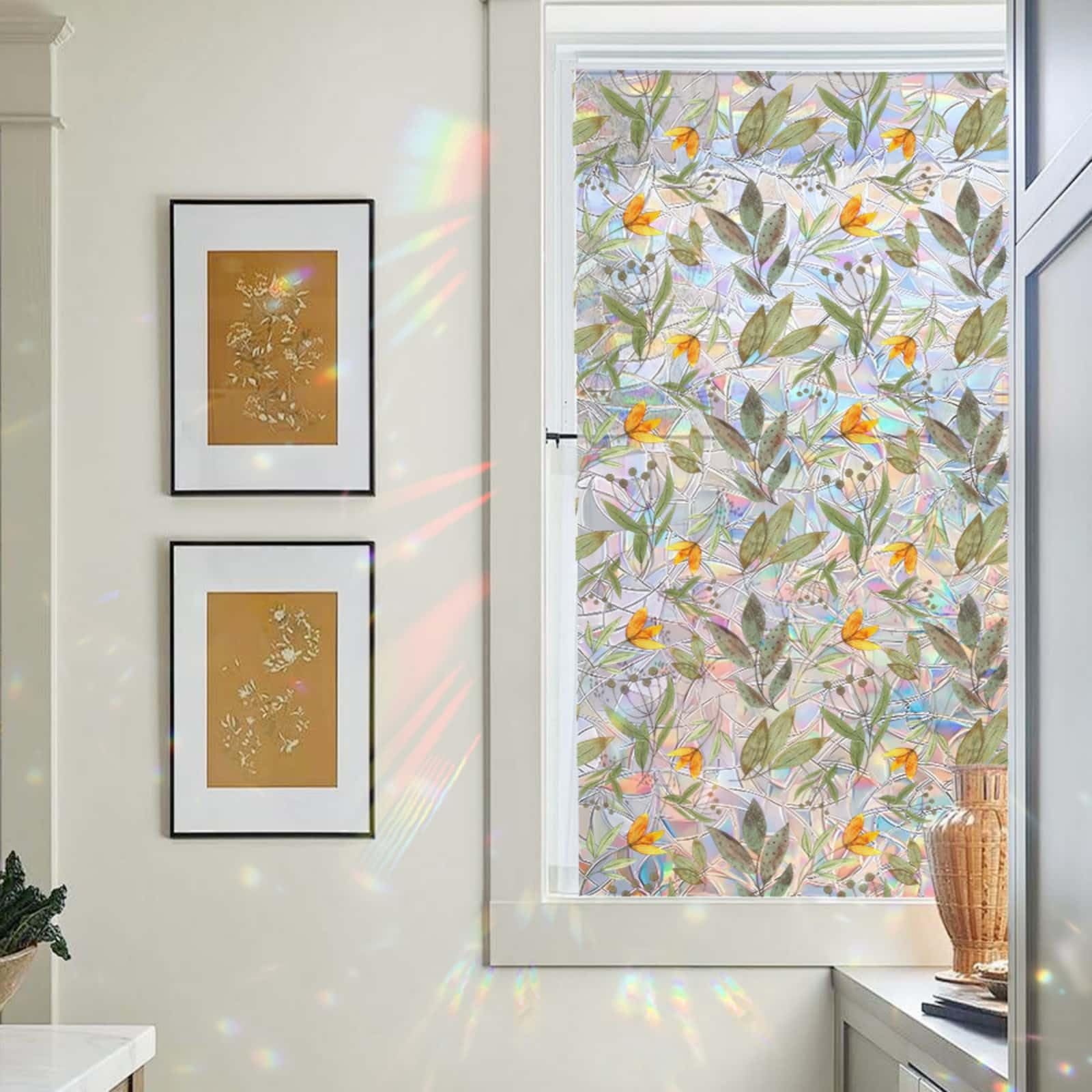 Window Film Privacy 43x100cm Orange Green Plants Privacy Film for Glass Windows Office Kitchen Living Room Bathroom Opaque Reusable Window Stickers for Glass