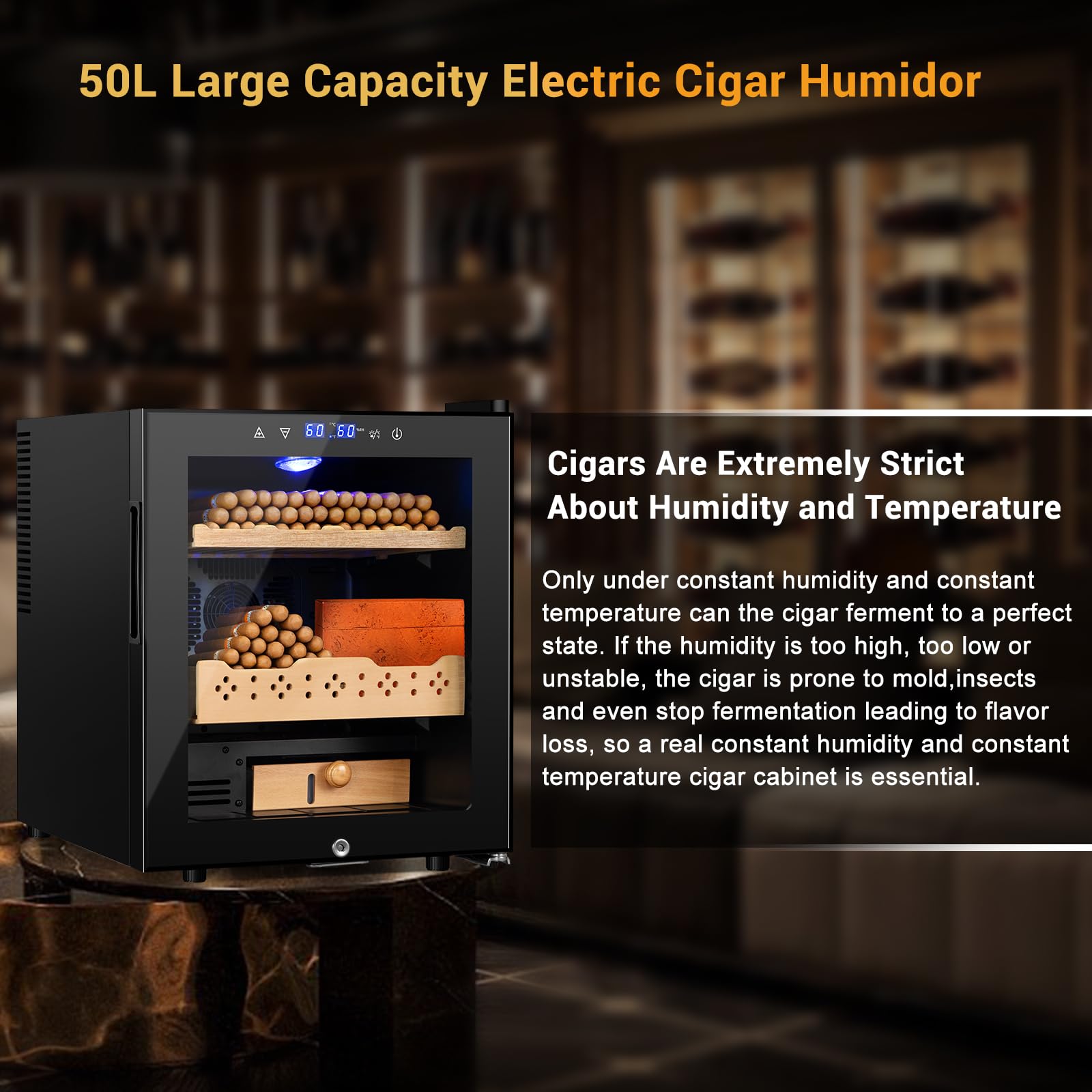 Electric Humidor for Cigars, 50L 300 Counts Large Capacity, Thermostatic Electric Cigar Cooler Cabinet with Spanish Cedar Wood Shelves, Digital LED Screen, Smart Humidity & Temp Control, Gifts for Men on Fridge.com