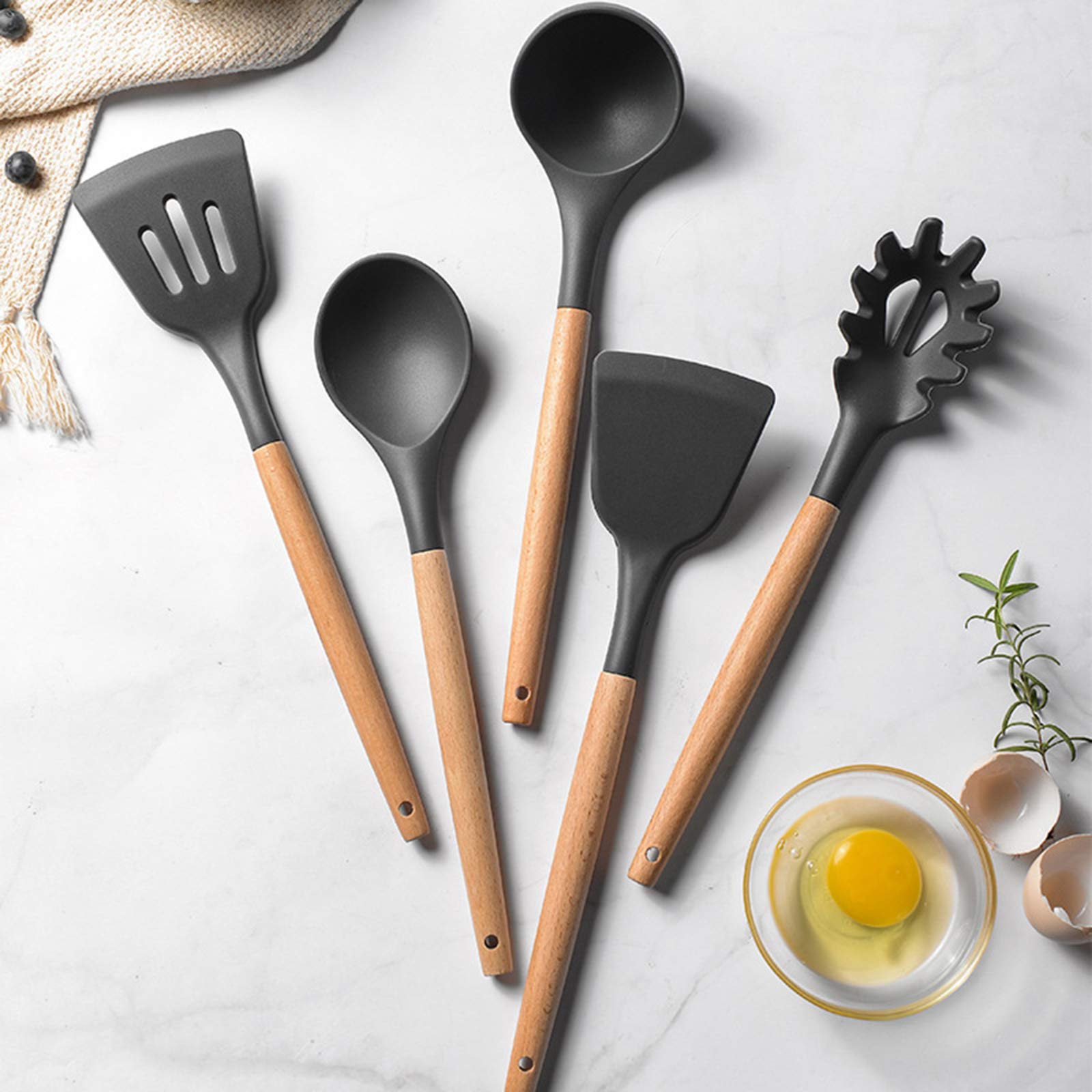Lot De 12 Ustensiles De Cuisine En Silicone Avec Poignées Bois - Résistants à La Chaleur Antiadhésifs