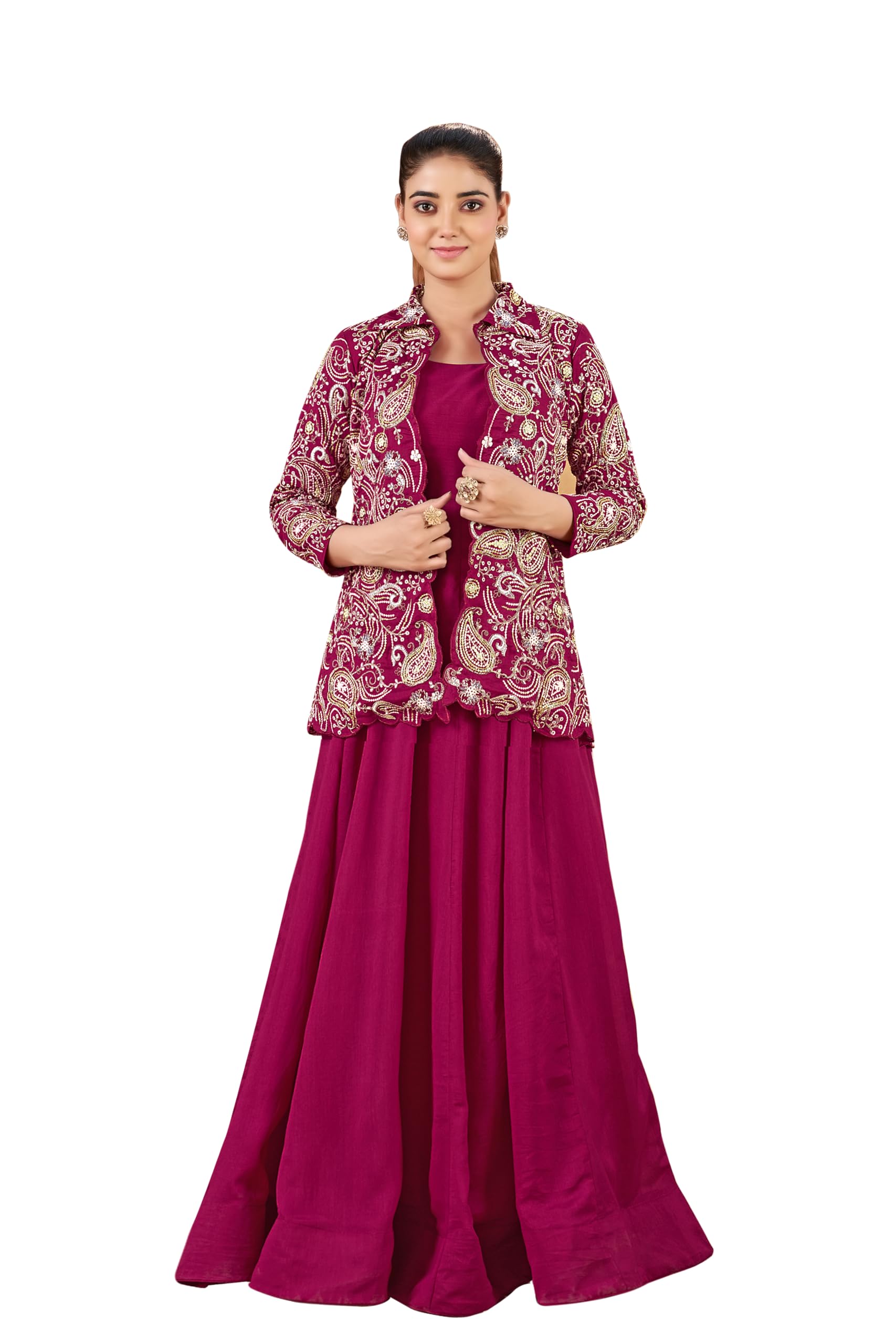 miss ethnik Women's Maroon Vichitra Silk Stitched Gown with Jacket Full Sleeve Solid A-Line Gown (ME-1322)-picture-21