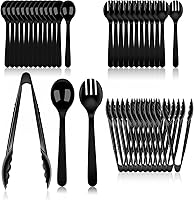 Dualshine 36PCS Black Disposable Party Serving Utensils - 12 Sets Spoons, Tongs & Forks for Salads Desserts Picnics