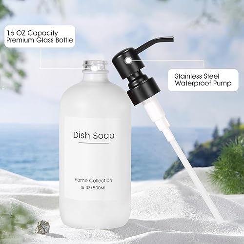 Miniatura 4 de Dispensador de jabón de vidrio de cocina moderno dispensador de jabón de 16 oz para baño con bomba de acero inoxidable, paquete de 2 dispensadores