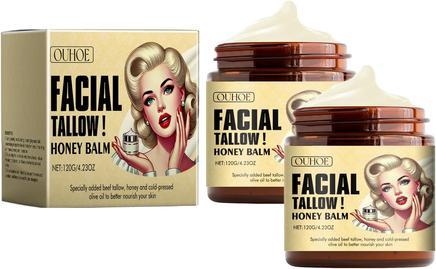 Whipped Beef Tallow and Honey Balm,Beef Tallow for Skin,Tallow Face Moisturizer,Tallow and Honey Balm,Grass Fed Grass Finished Face Cream 2pcs