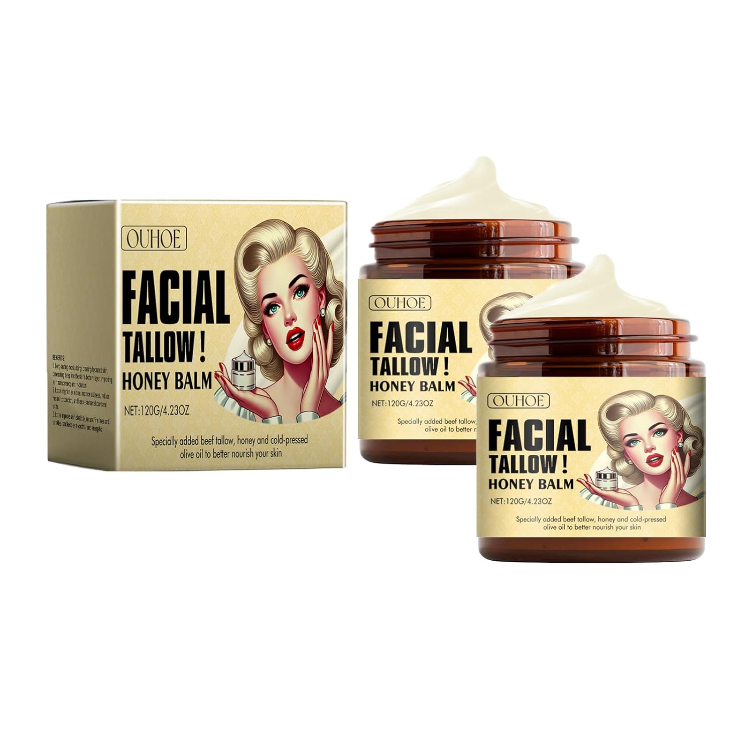 JeurLrok Whipped Beef Tallow and Honey Balm,Beef Tallow for Skin,Tallow Face Moisturizer,Tallow and Honey Balm,Grass Fed Grass Finished Face Cream 2pcs