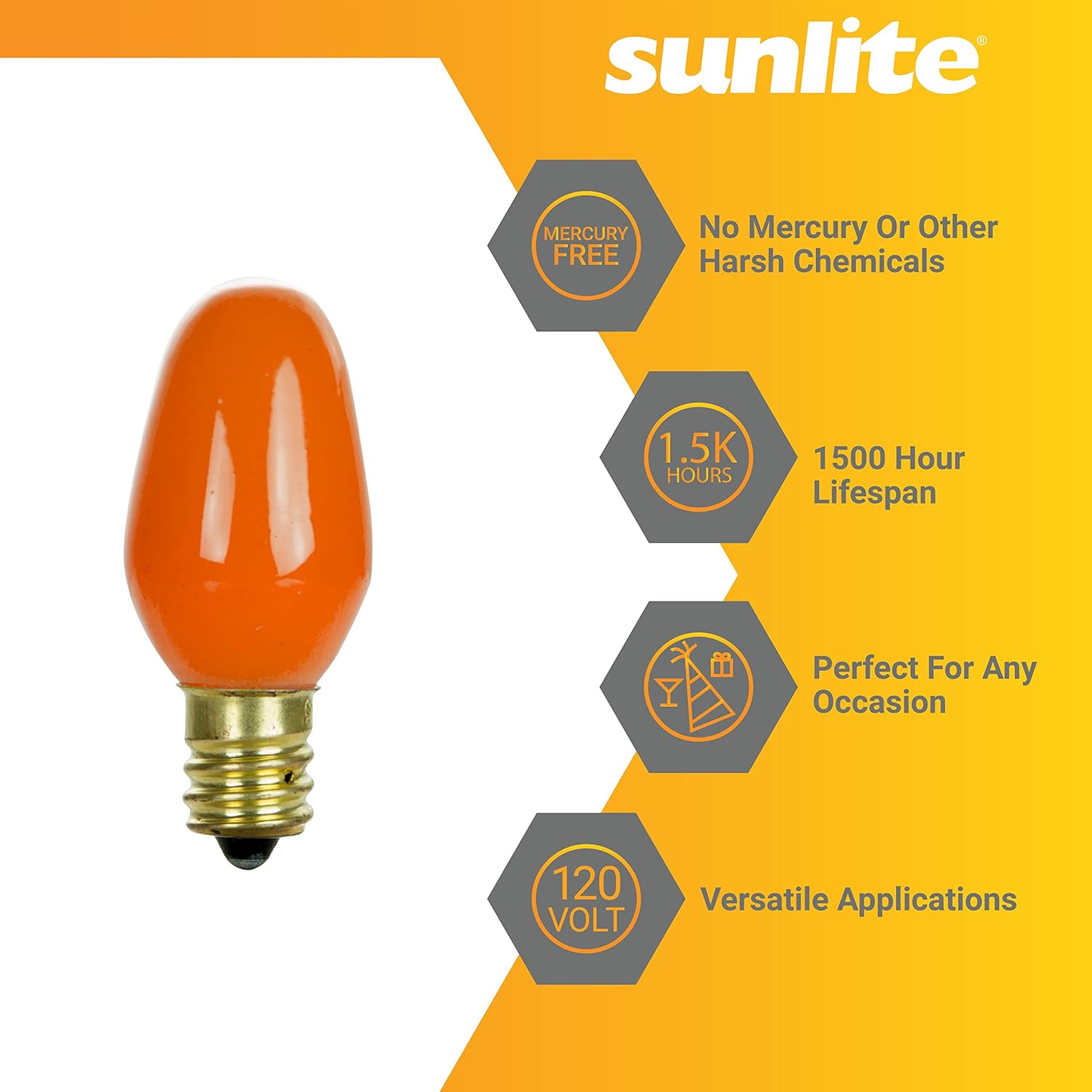 Exсluѕіvе Sunlite 01270 7C7 Incandescent Bulb, 7 Watt, Candelabra E12 Base, C7 Small Night Light, Colored Bulb, Orange, 25 Count
