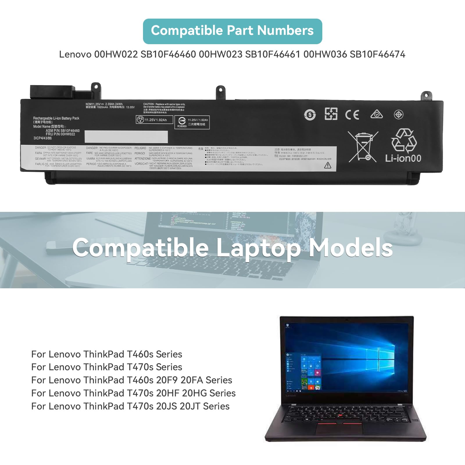 K KYUER 24Wh 00HW022 00HW023 Batterie pour Lenovo ThinkPad T460S T470S 20FA 20F9 20HF 20HG 20JT 20F9003SGE 20FA003GGE 20F90042GE 20FA0046PB 20HGS00V00 20HF004UGE 00HW036 SB10F46460 SB10F46461 Battery