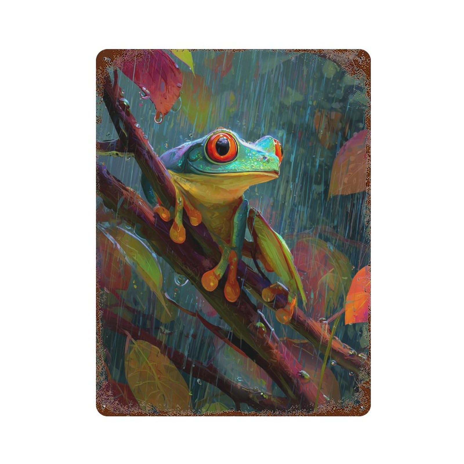 Rainforest Frog in Action Aged Metal Wall Plaque 15.7"x11.8", for Office, Studio And Wall Decor, Novelty Wall Decor