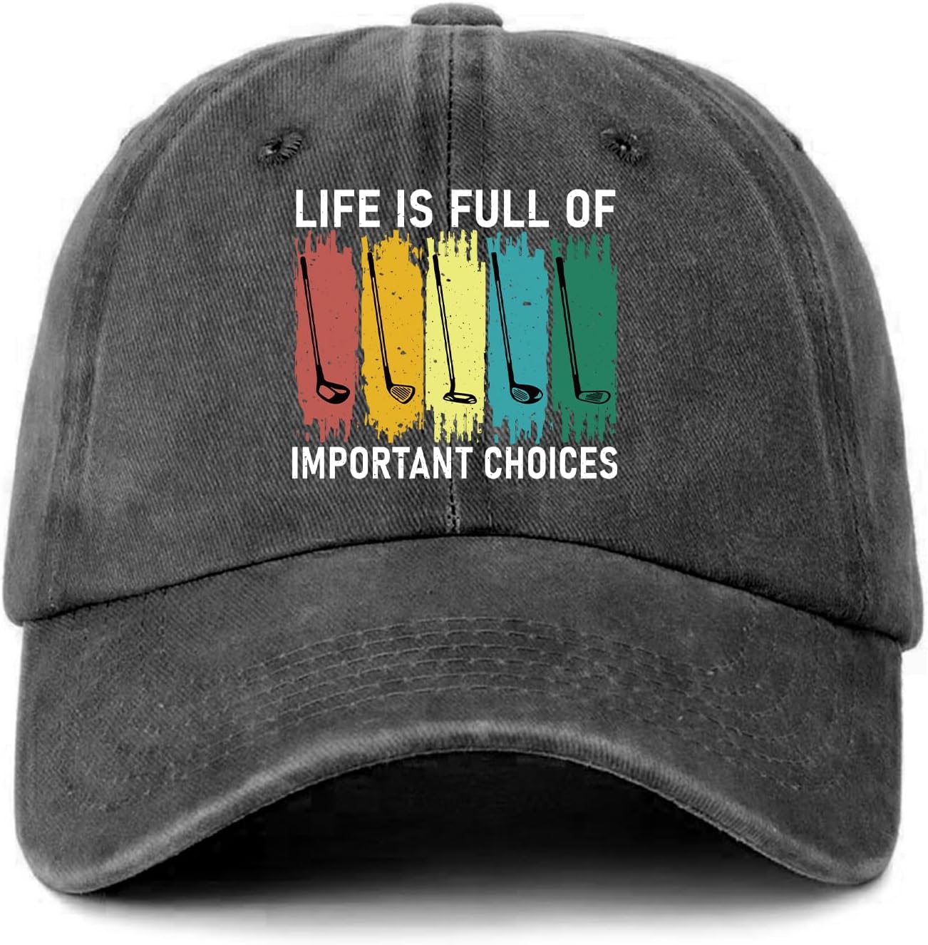 Funny Golf Theme Distressed Washed Black Baseball Cap Life is Full of Important Choices Printed Cotton Adjustable Baseball Hat for Men Women Great Birthday Gift for Dad Mom Friend Coworker