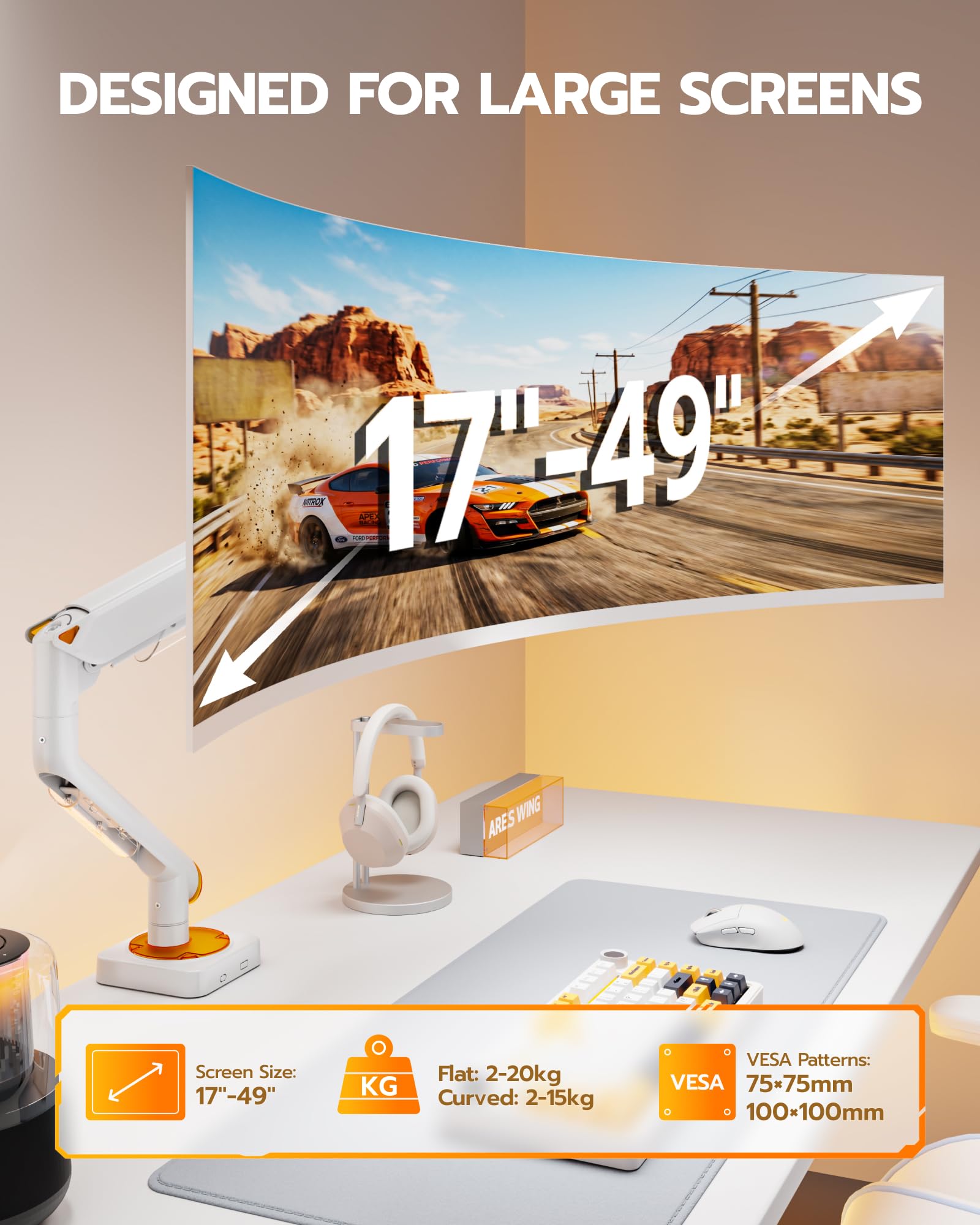 ARES WING Supporto per monitor piatto da 17"-49",Bianco | Braccio per monitor con molla a gas, supporto regolabile per schermi fino a 20 kg, attacco VESA 75/100 mm