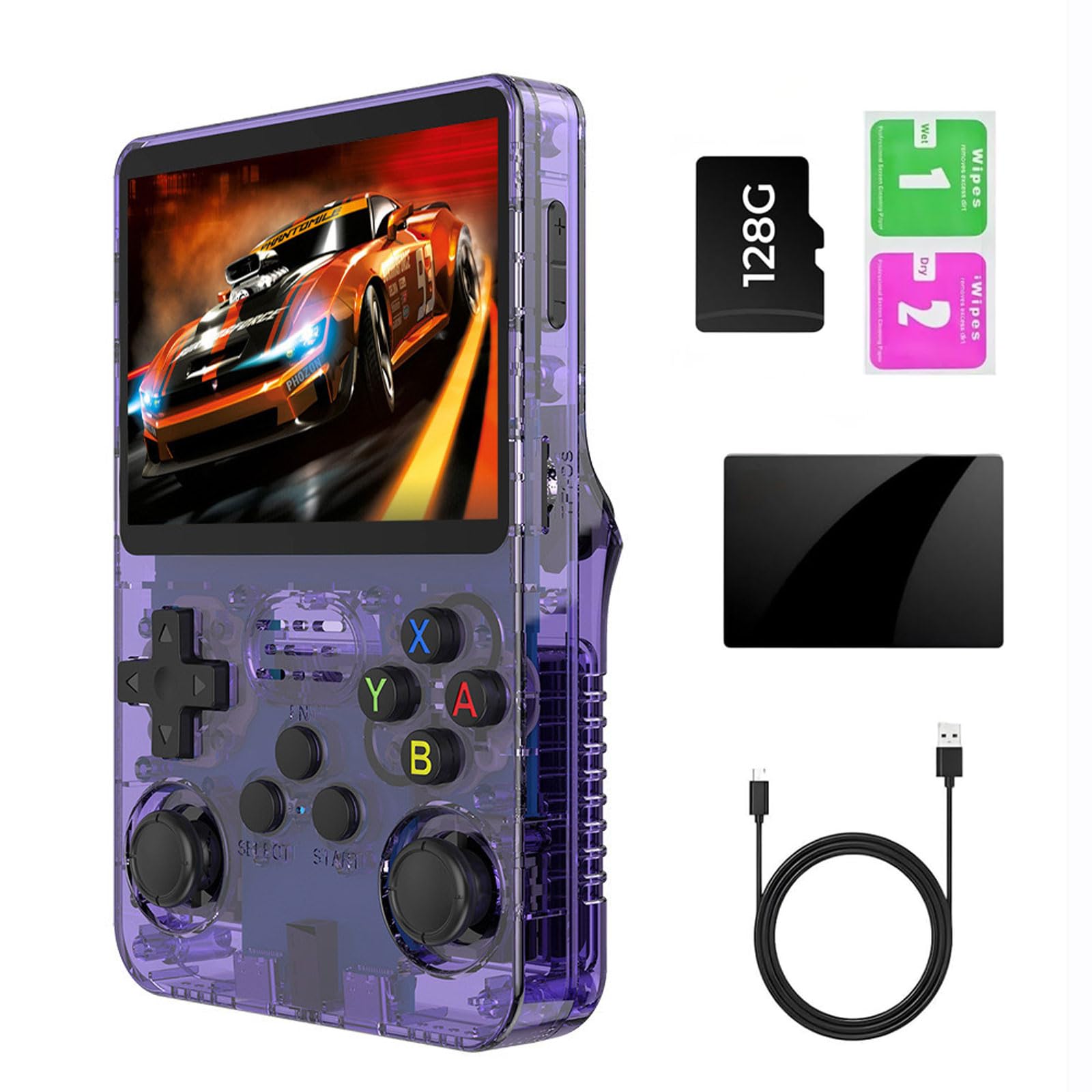 ポータブルゲーム機 R36s レトロコンソール 3.5inch HD 64G/128G 20000個のゲームを収録 専門的なチップを搭載 1.5Ghz 64ビット 3500mAh充電式 外部コントローラーを接続して2人対戦が可能 (透明紫)