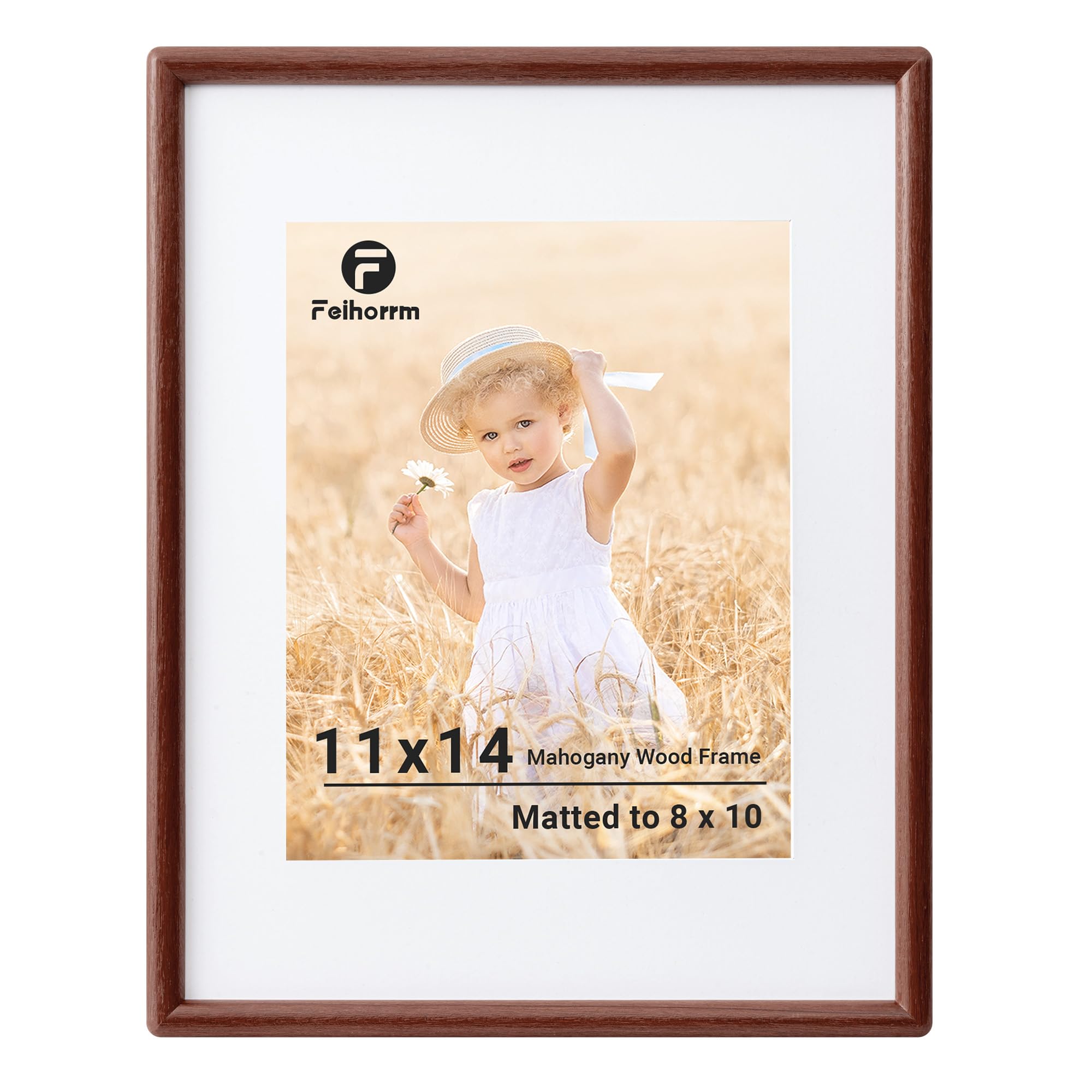 Feihorrm 11x14 Picture Frame, Mahogany Solid Wood Photo Frame, 11 x 14 inch Frame, 11x14 Frame Matted to 8x10 Photos, Handcrafted Rounded Corners with HD Tempered Glass, Wall Mount Display