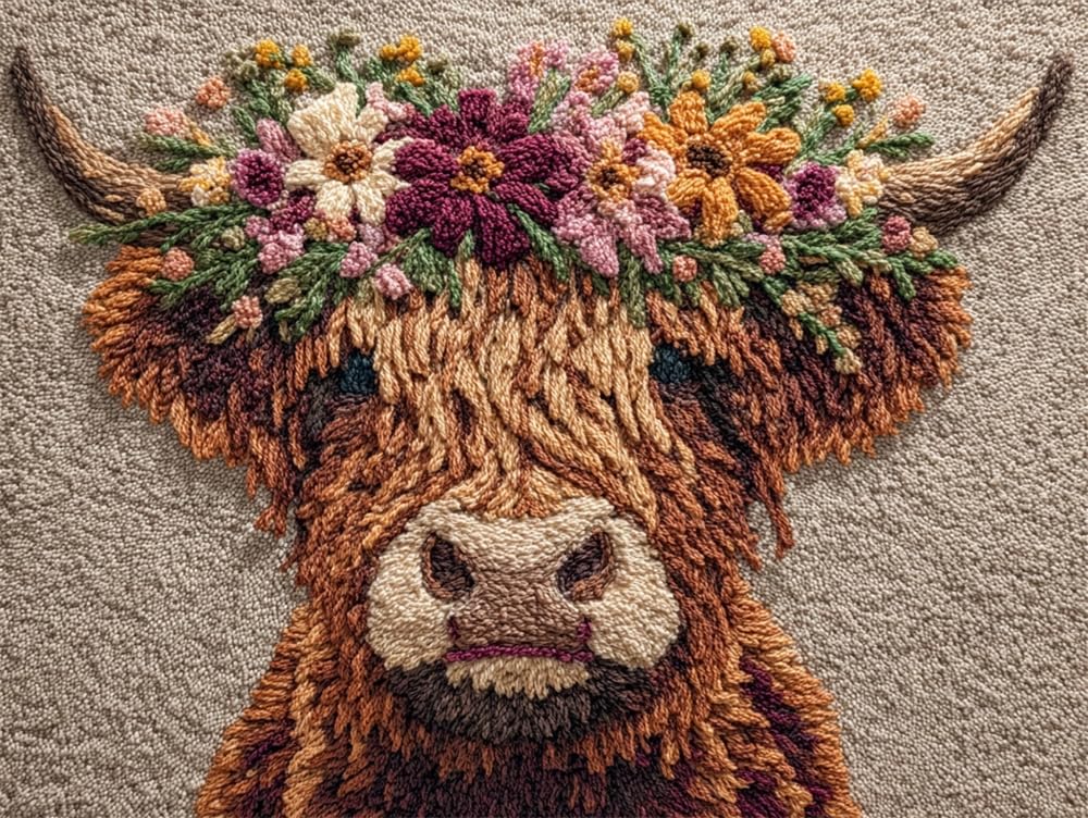 FWRTYCB DIY Crochet Carpet Kit Highland Cow Wearing A Flower Wreath 20X15Inch Carpe