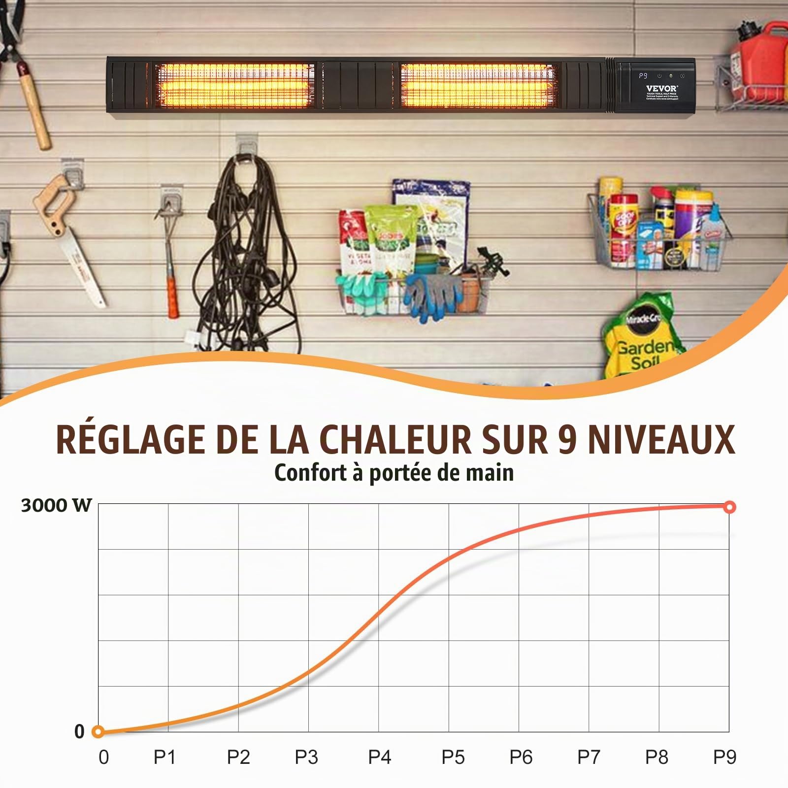 VEVOR Chauffage extérieur terrasse, 3000 W, radiateur infrarouge électrique avec télécommande, 9 vitesses, minuterie, protection IP65, support mural, pour porche, patio, salle à manger, studio, jardin