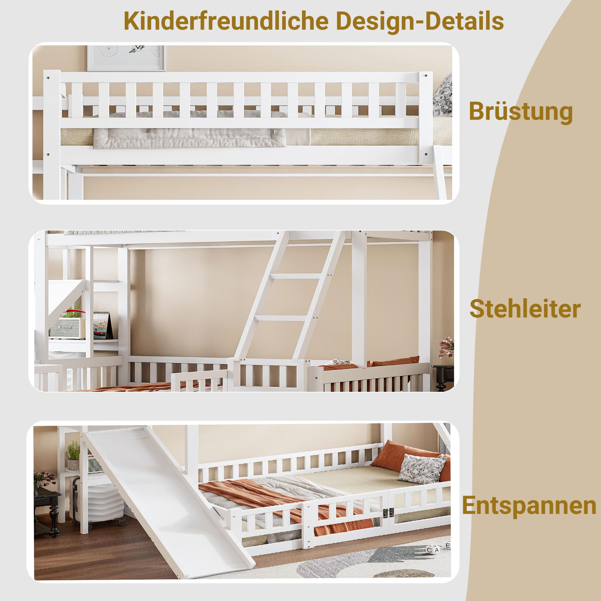 Lubvtti Letto a castello per bambini 90/140x200cm con scivolo,letto per bambini con ripiani e guide di sicurezza,Struttura letto bambini 90/140x200 con rete a doghe,Senza materasso (A-Bianco)