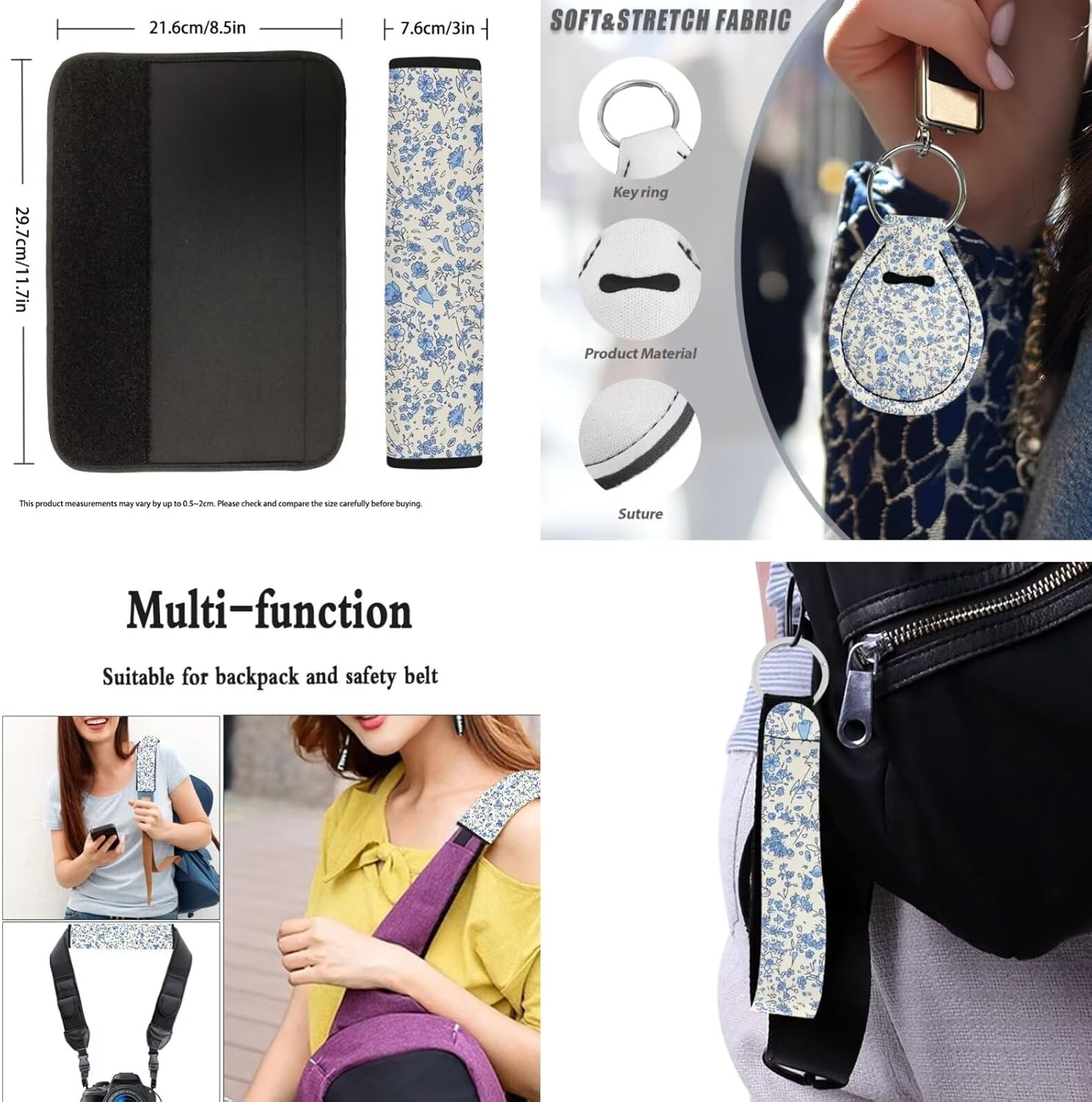 Ditsy Flower Car Seat Covers Set of 10, Universal Blue Spring Wildflower Car Interior Accessories, Rural Flowers Seatbelt Covers Polyester Front Seat Rear Seat Cover