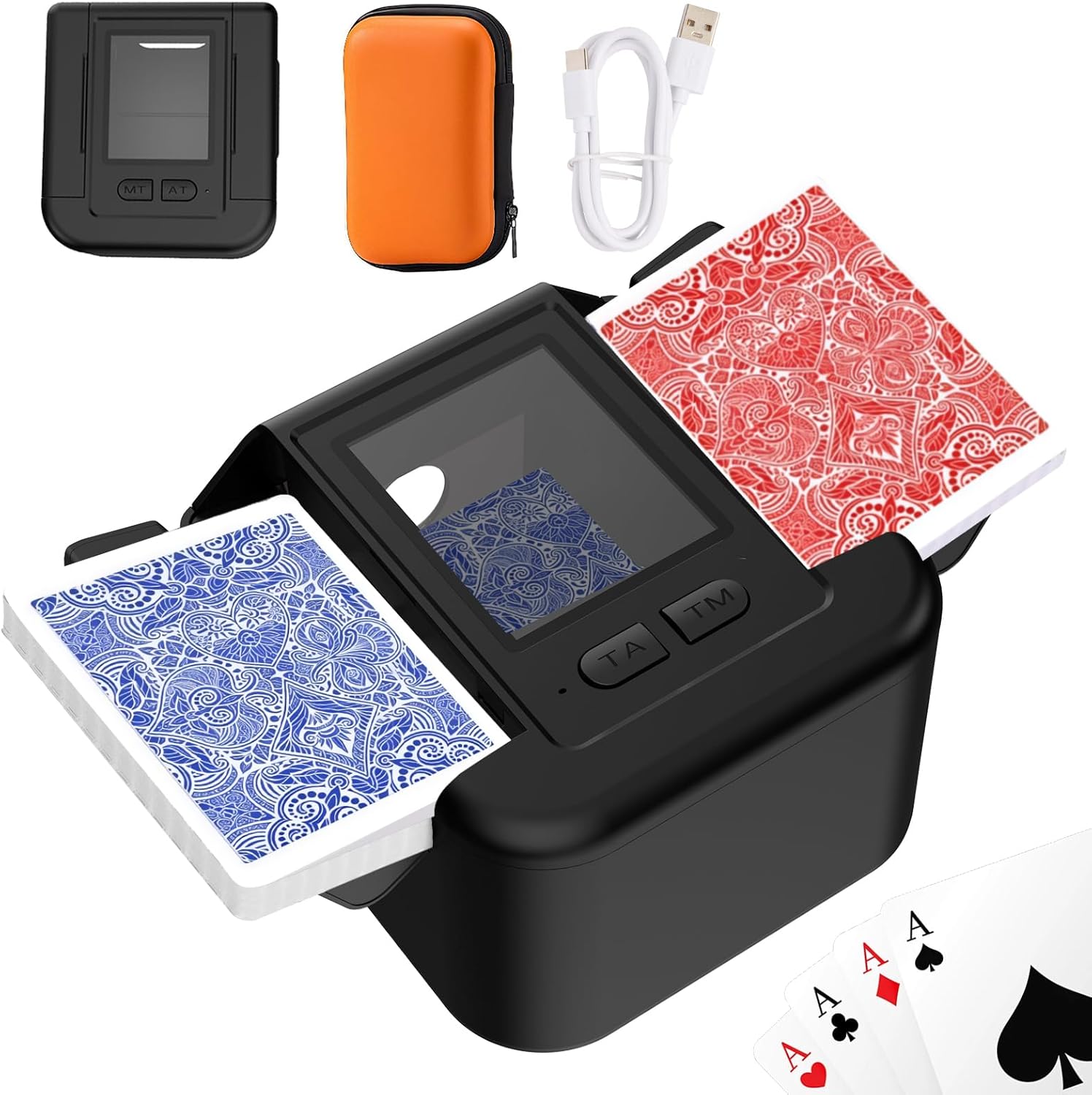 Rechargeable Automatic Card Shuffler with Card Case, Quiet Fast Shuffling Machine for UNO Skip-Bo Skyjo Texas Hold’em, One-Press Smart Auto & Manual Shuffling, Convenient, Party & Travel
