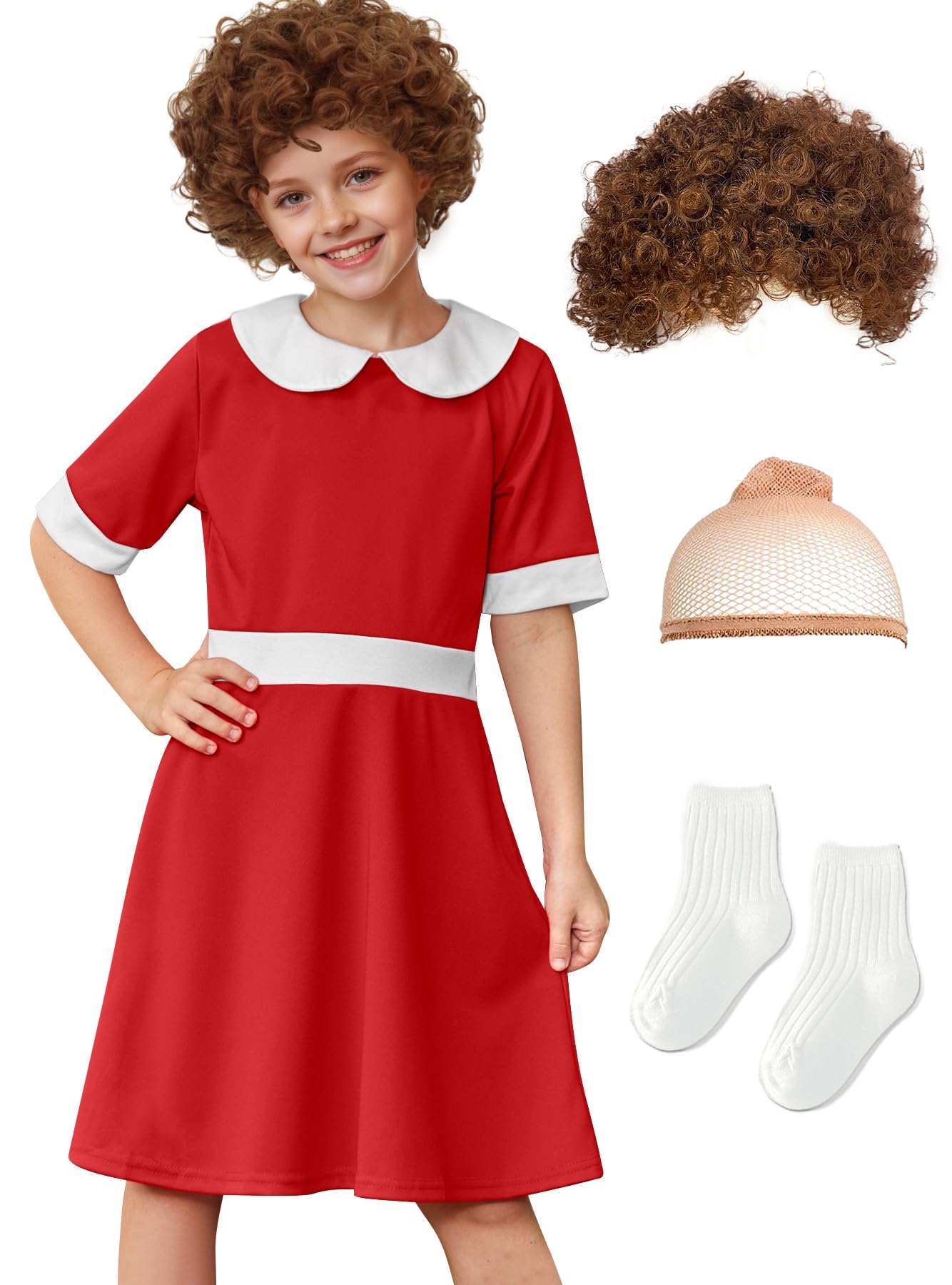 BesserBay Girls Halloween Cosplay 3-Piece With Wig Peter Pan Collar Costume Short Sleeve A-line Red Dress