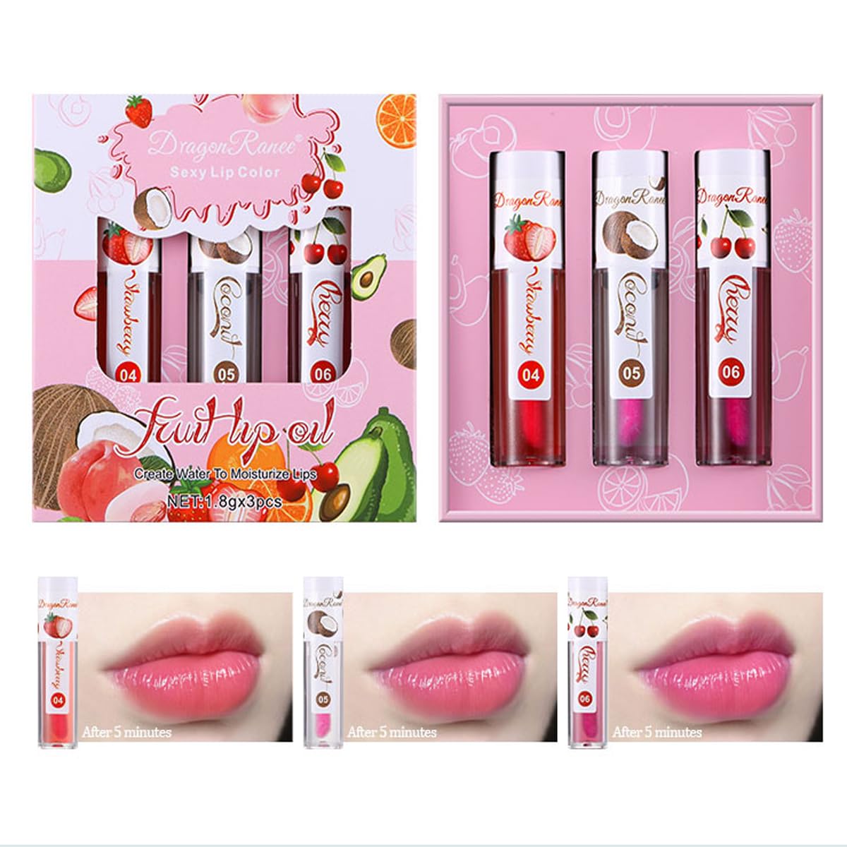 Vivipop Color Changing Lip Oil - Fruit Lip Oil Pack, 3pcs Magic Color-Changing Lip Glow Oil, Hydrating Lip Gloss for Dry Lip Care Makeup