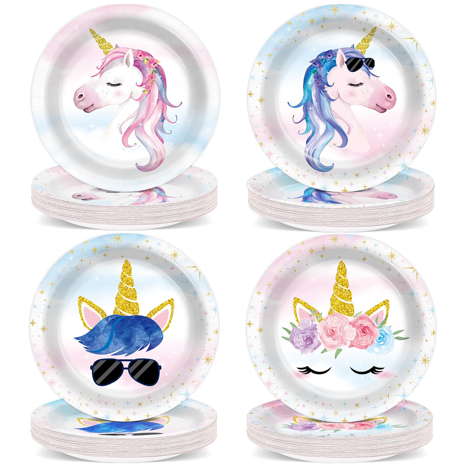 48PCS Unicorn Birthday Party Decorations Unicorn Paper Plates Tableware Set Rainbow Cake Plates Supplies Disposable Dessert Plate for Girls Boys Kids