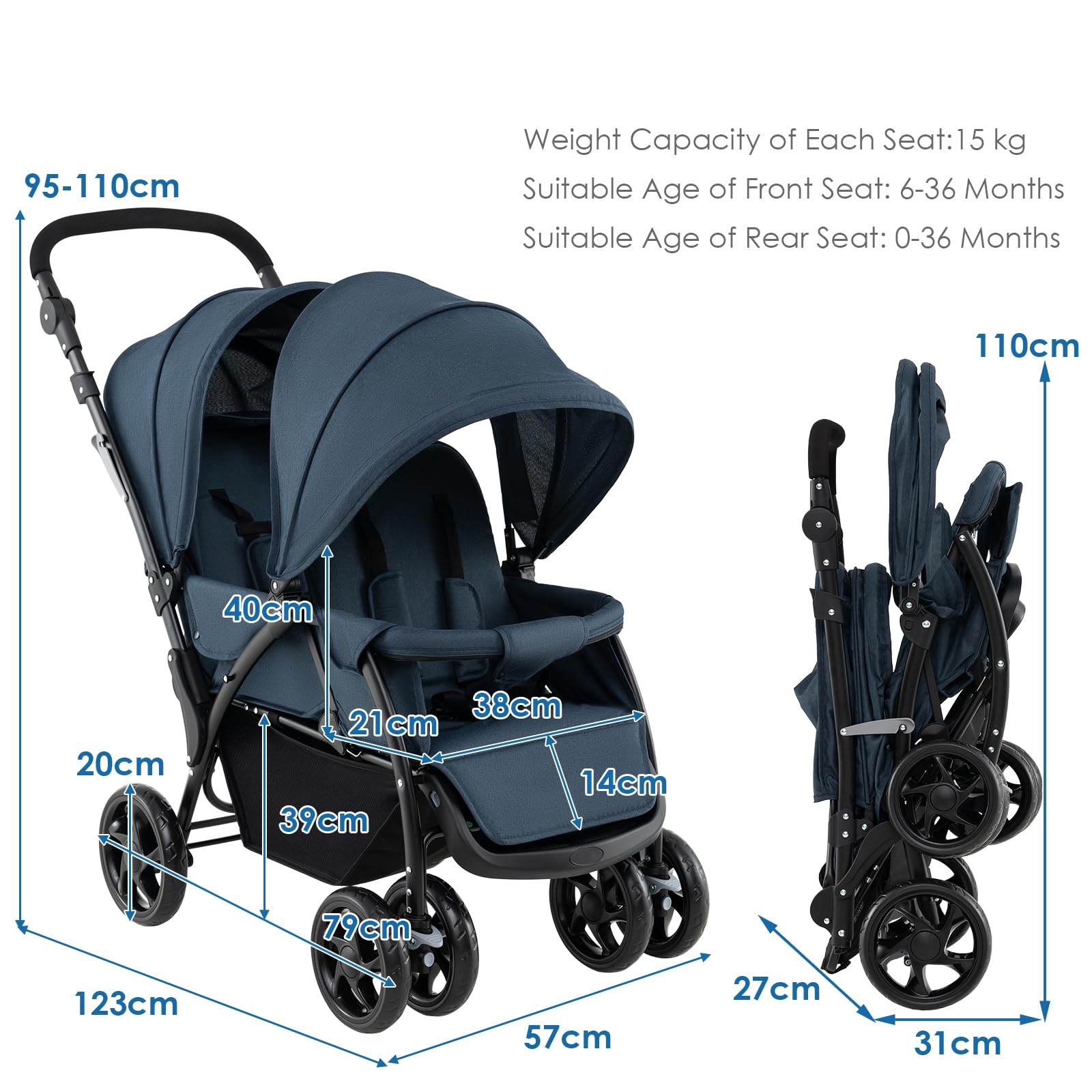 LIFEZEAL Carrito Gemelar, Silla de Paseo Doble Plegable para Gemelos, Cochecito de Viaje de 2 Plazas para Bebé con Ajuste de 3 Posiciones, Capacidad de carga 15+15 KG (Azul)