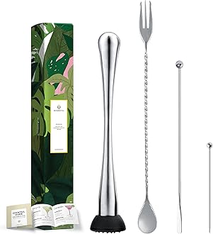 Homestia 4PCS Muddler Set for Cocktails, 10 Inch 304 Stainless Steel Cocktail Muddler for Mojito and Fruit Drinks, Home Bar Tool Set of Bar Spoon Swizzle Stick Cocktail Pick Silver