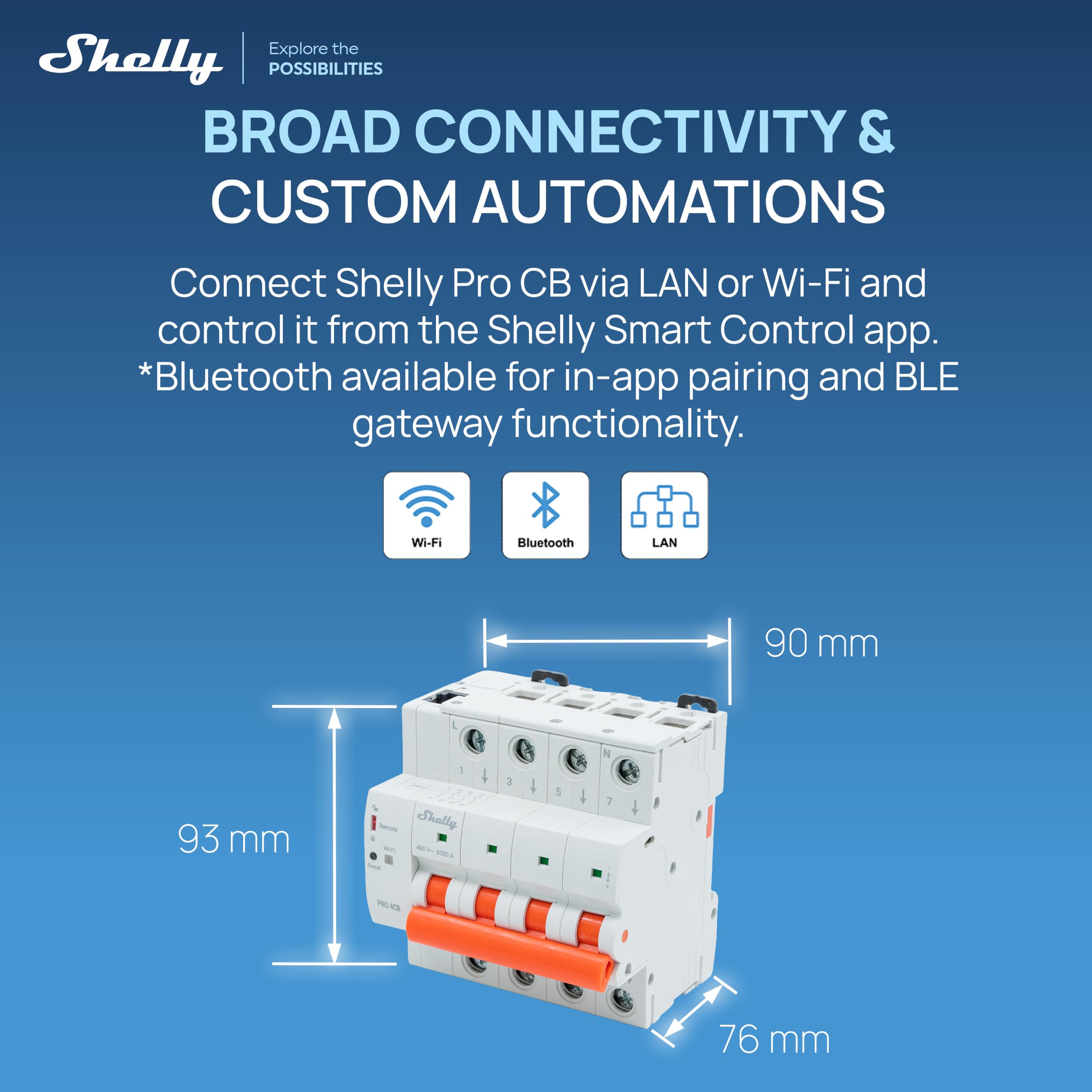 Shelly Pro 4CB C16A - Disyuntor Inteligente WiFi 4 Polos 16 A, Monitorización de Voltaje, Protección Sobretensión y Cortocircuito, Desconexión Remota, Control por App, Voz y Plataforma, Carril DIN