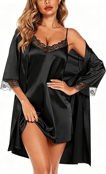 SWOMOG Women's Satin Robe Set 2 Piece Sexy Pajamas Sets Lace Cami Nightgown and Silk Robes Nightwear
