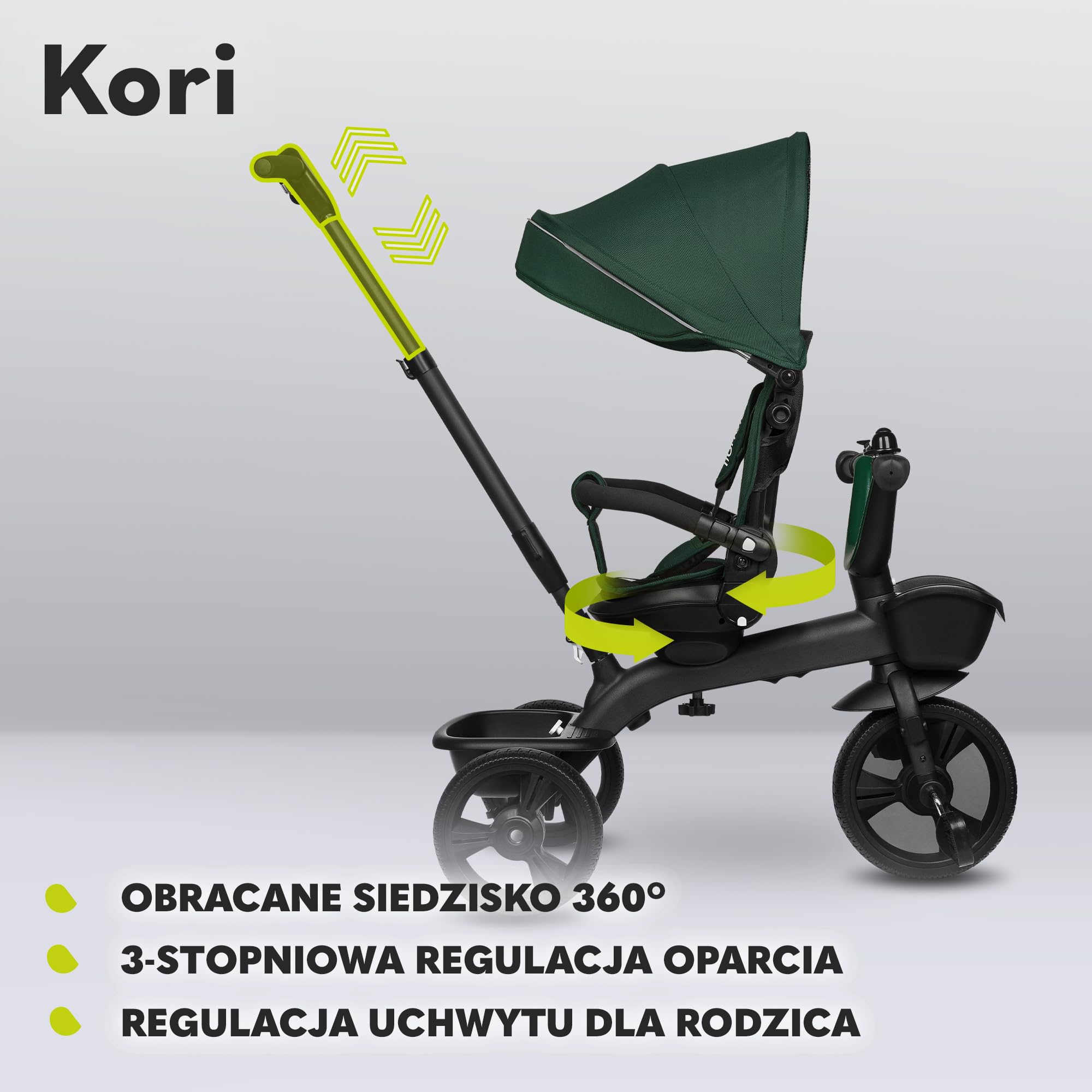 LIONELO Kori Rower trójkołowy 2 w 1, kontrola toru jazdy, obracane siedzisko, składany daszek, wytrzymała i lekka konstrukcja, uchwyt na kubek, praktyczna torba