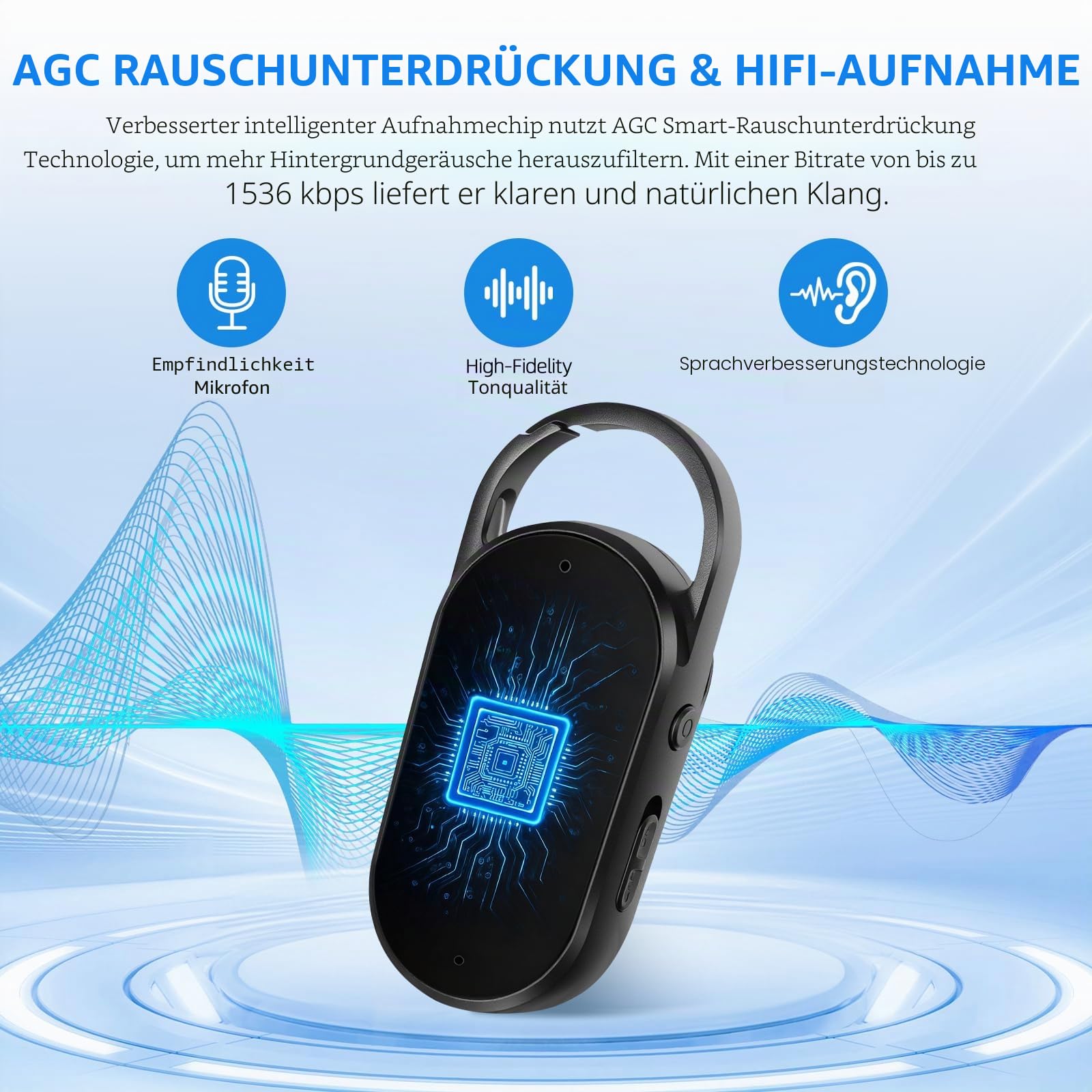 64 GB Digitales Diktiergerät - tragbarer Mini-Digitaler Audio-Aufnehmer mit Spracherkennung und MP3, Schlüsselanhänger-Design, AGC-Rauschunterdrückung, für Unterrichte, Meetings (Black)