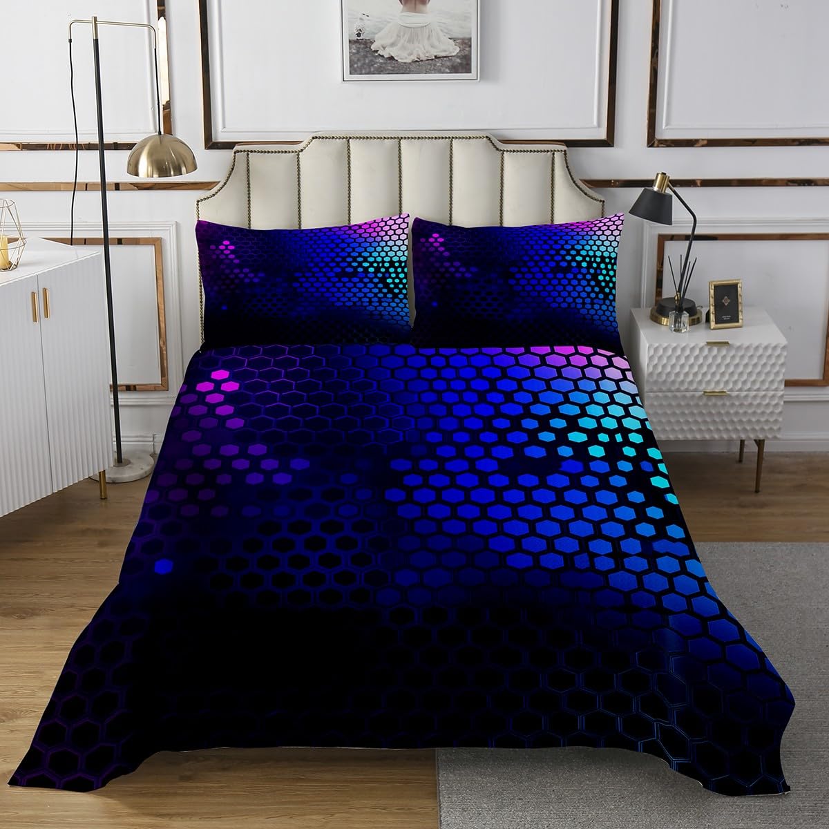 jejeloiu Kids Blue Honeycomb Quilted Coverlet Twin Size, Neon Hexagonal Coverlet Set Geometrical Bedspread Boys Girls Teens Bedroom Decor with 1 Pillow Case